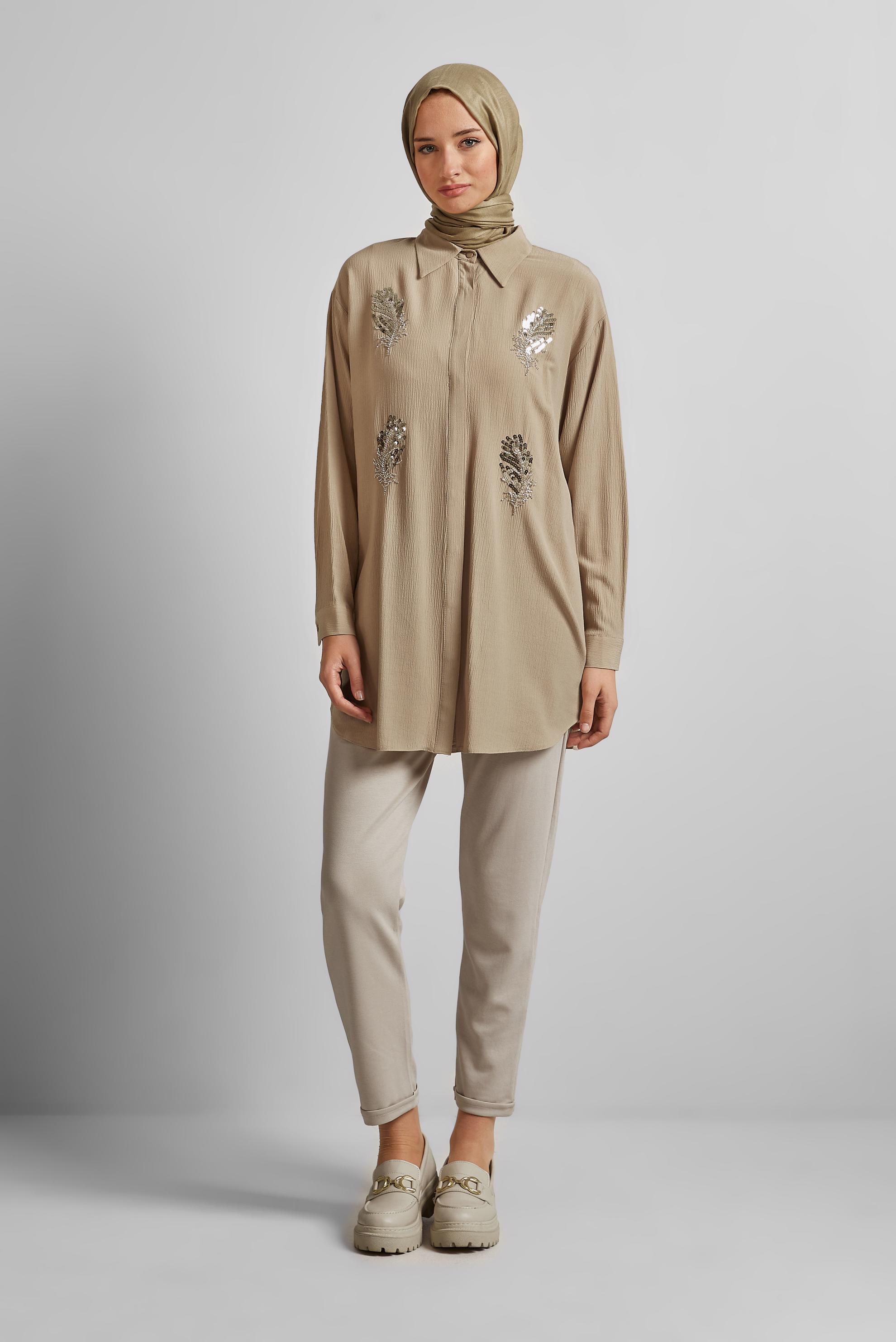 Tesettür giyim KAHVE PUL DETAYLI TUNİK 45350