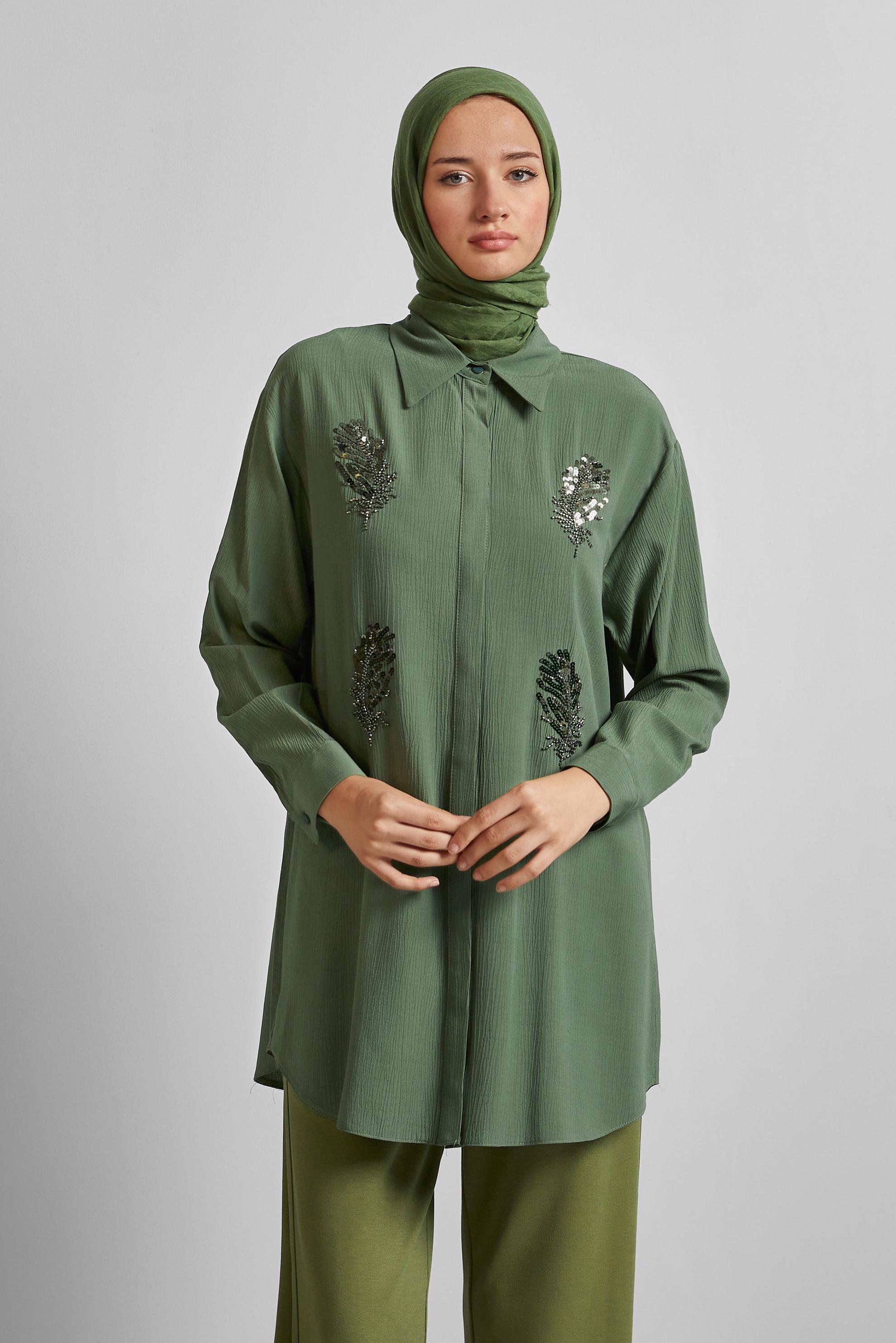 Tesettür giyim HAKİ PUL DETAYLI TUNİK 45350