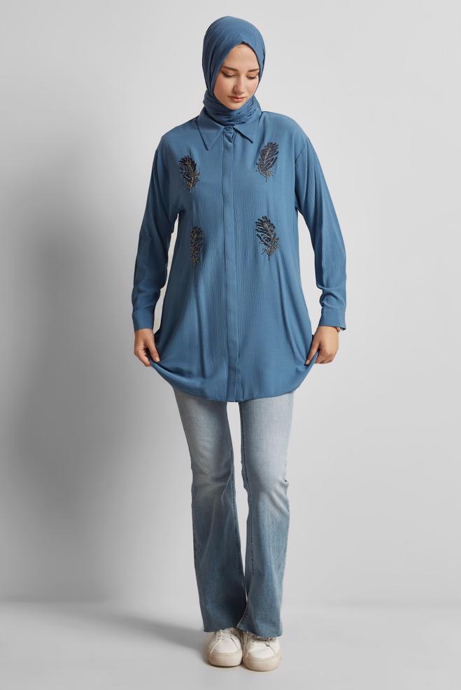 Hijab-Kleidung NAVY BLAU TUNIKA MIT PAILLETTENBESATZ 45350 - ALVİNA