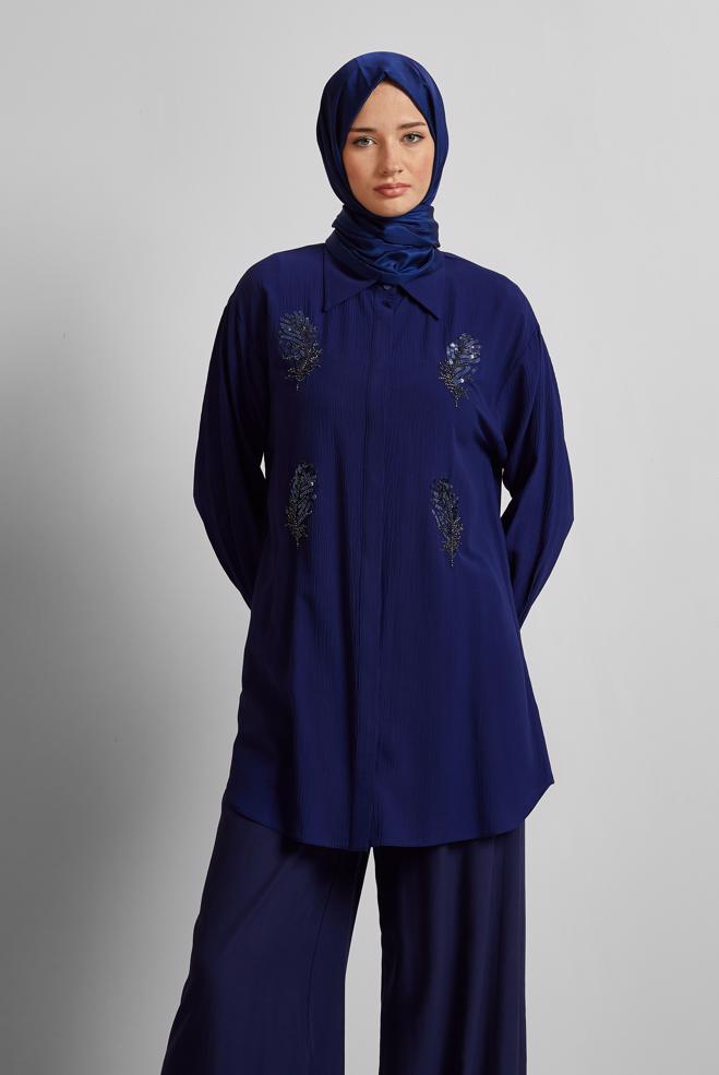 Hijab-Kleidung NAVY BLAU TUNIKA MIT PAILLETTENBESATZ 45350 - ALVİNA