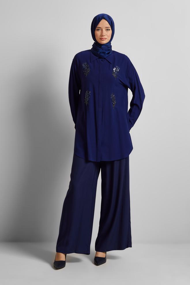 Hijab-Kleidung NAVY BLAU TUNIKA MIT PAILLETTENBESATZ 45350 - ALVİNA
