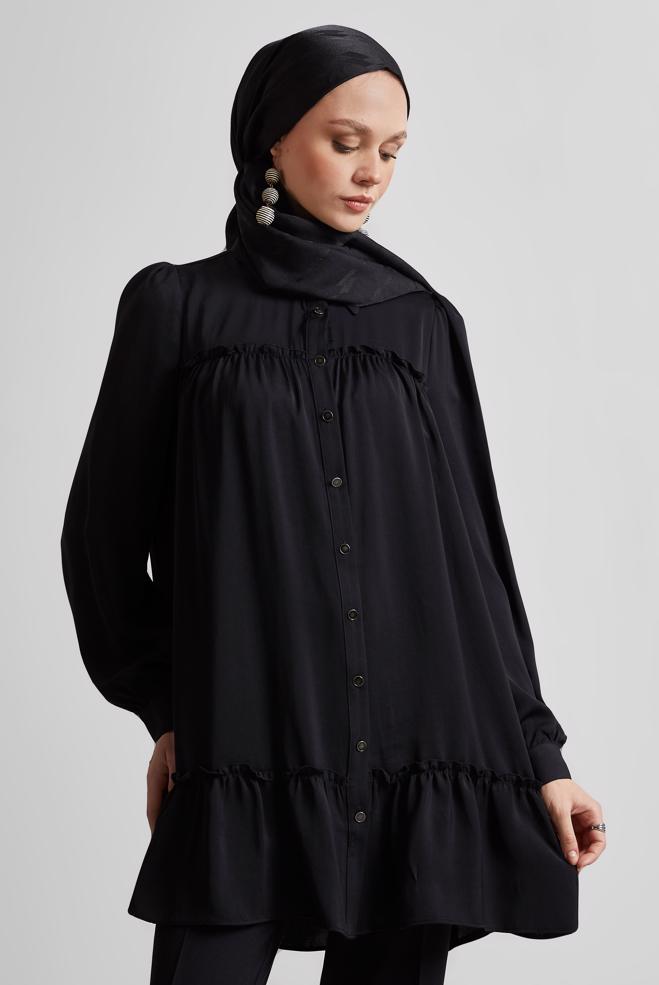 Tesettür giyim SİYAH GÖMLEK YAKA TUNİK 45351 - ALVİNA