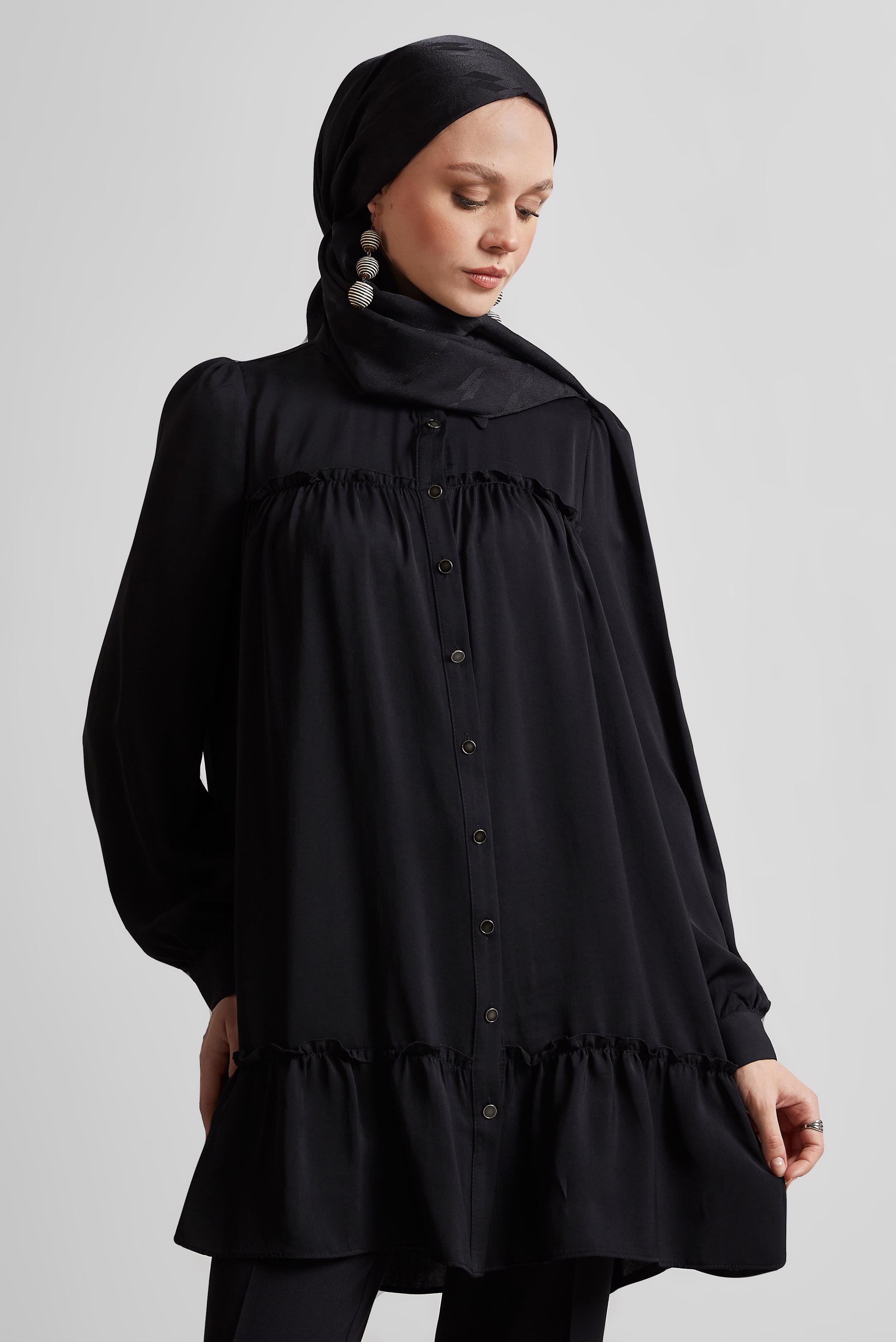 Tesettür giyim SİYAH GÖMLEK YAKA TUNİK 45351