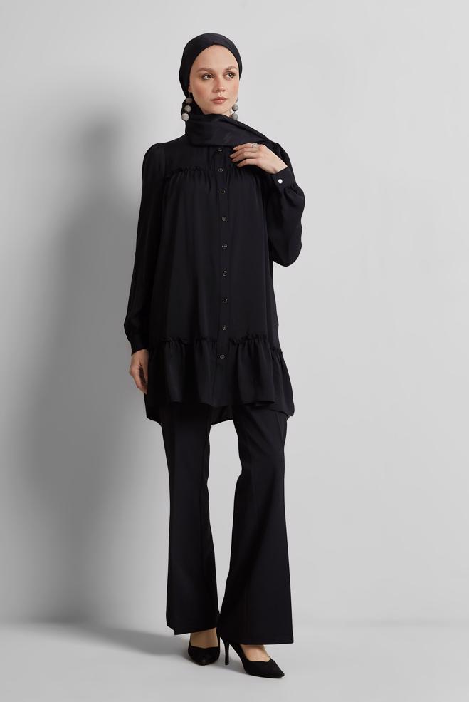 Tesettür giyim SİYAH GÖMLEK YAKA TUNİK 45351 - ALVİNA