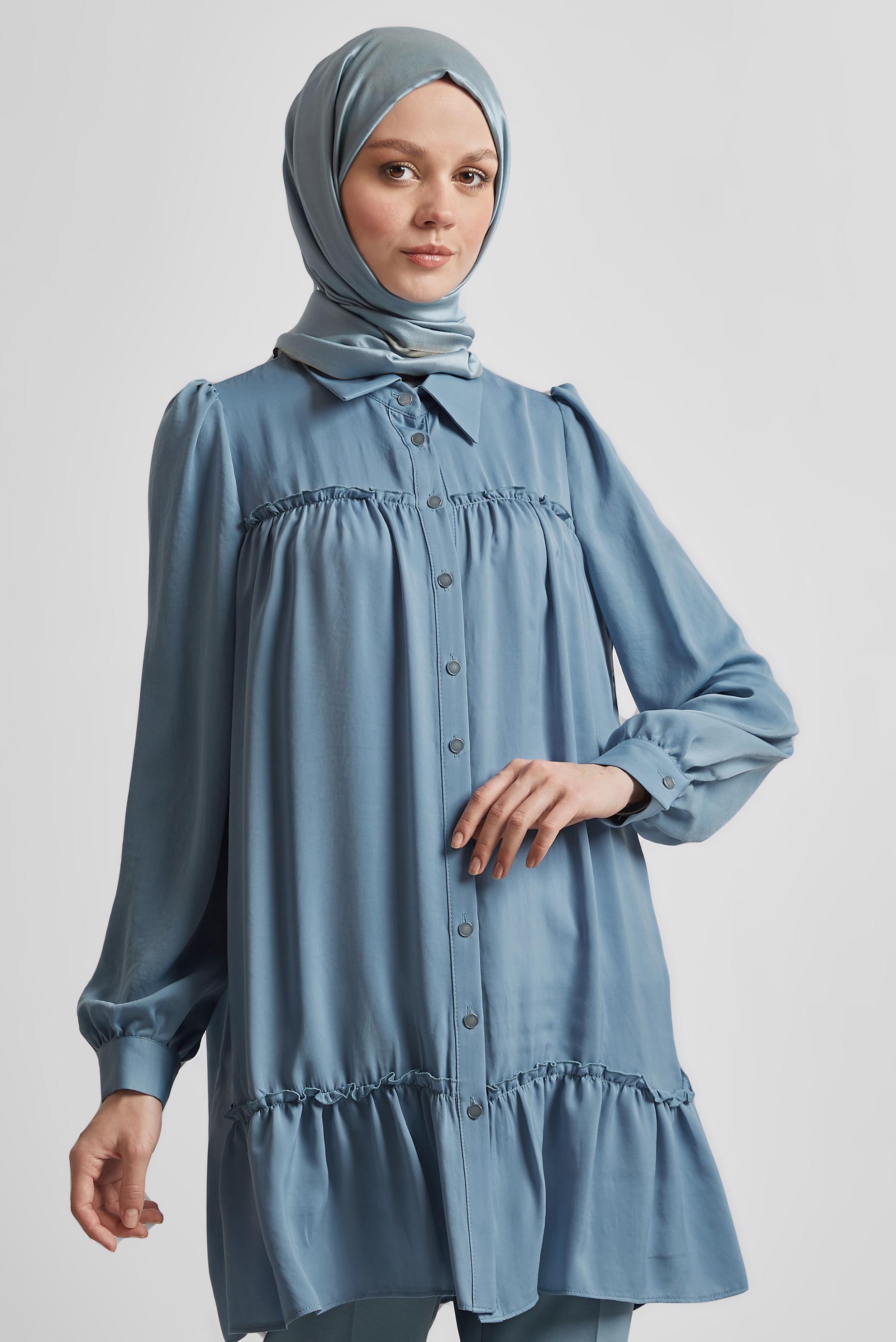 Tesettür giyim MAVİ GÖMLEK YAKA TUNİK 45351