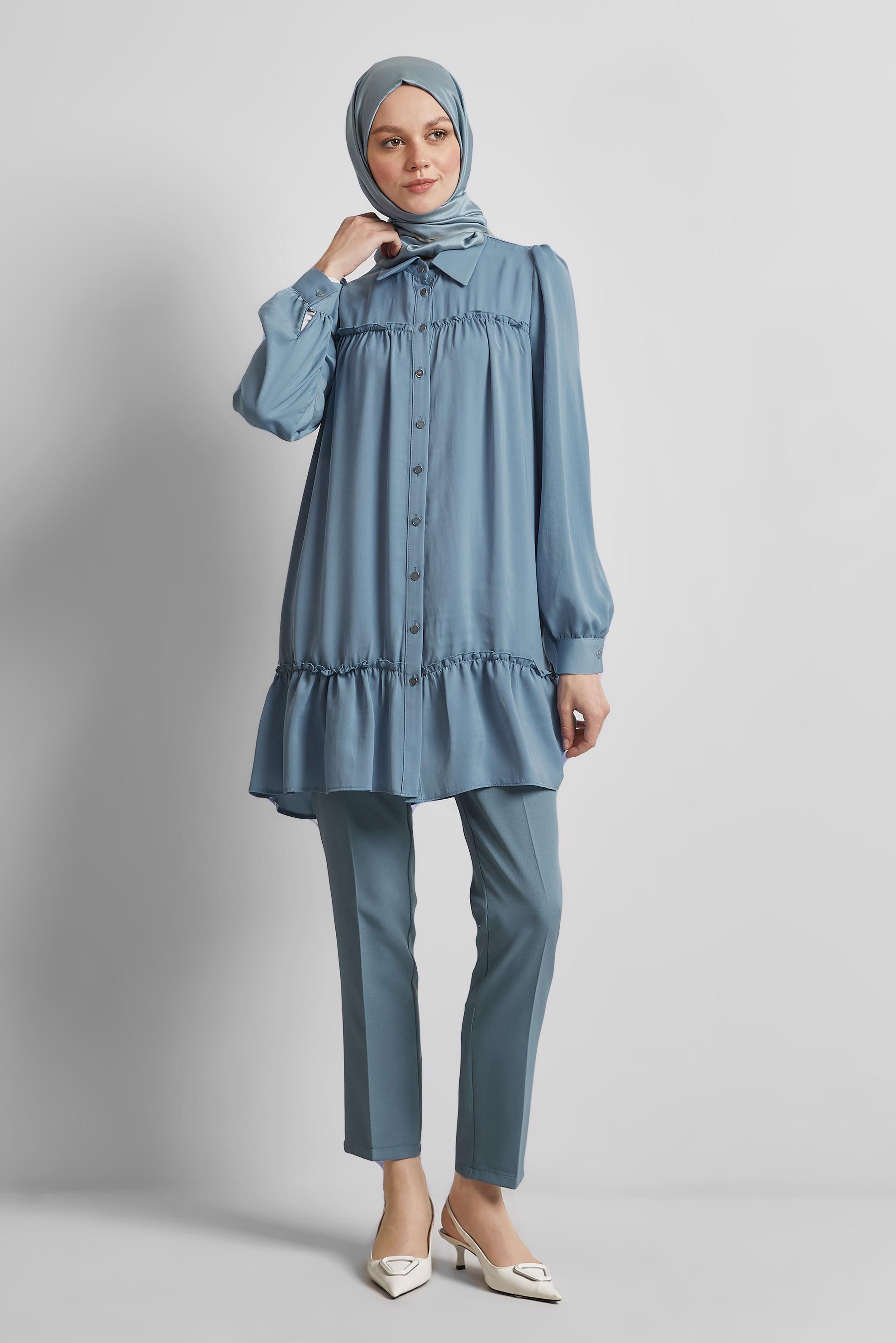 Tesettür giyim MAVİ GÖMLEK YAKA TUNİK 45351