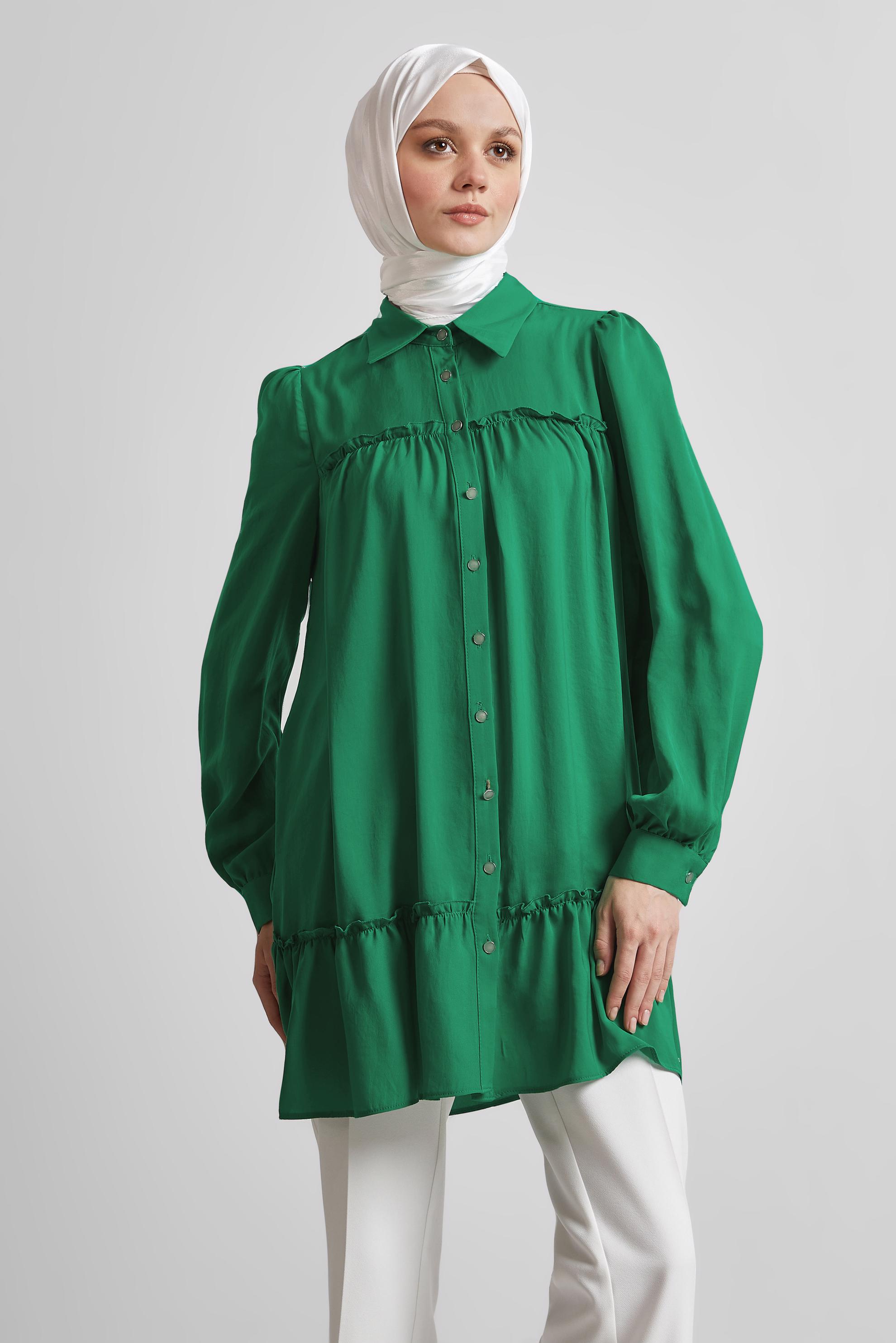 Tesettür giyim YEŞİL GÖMLEK YAKA TUNİK 45351