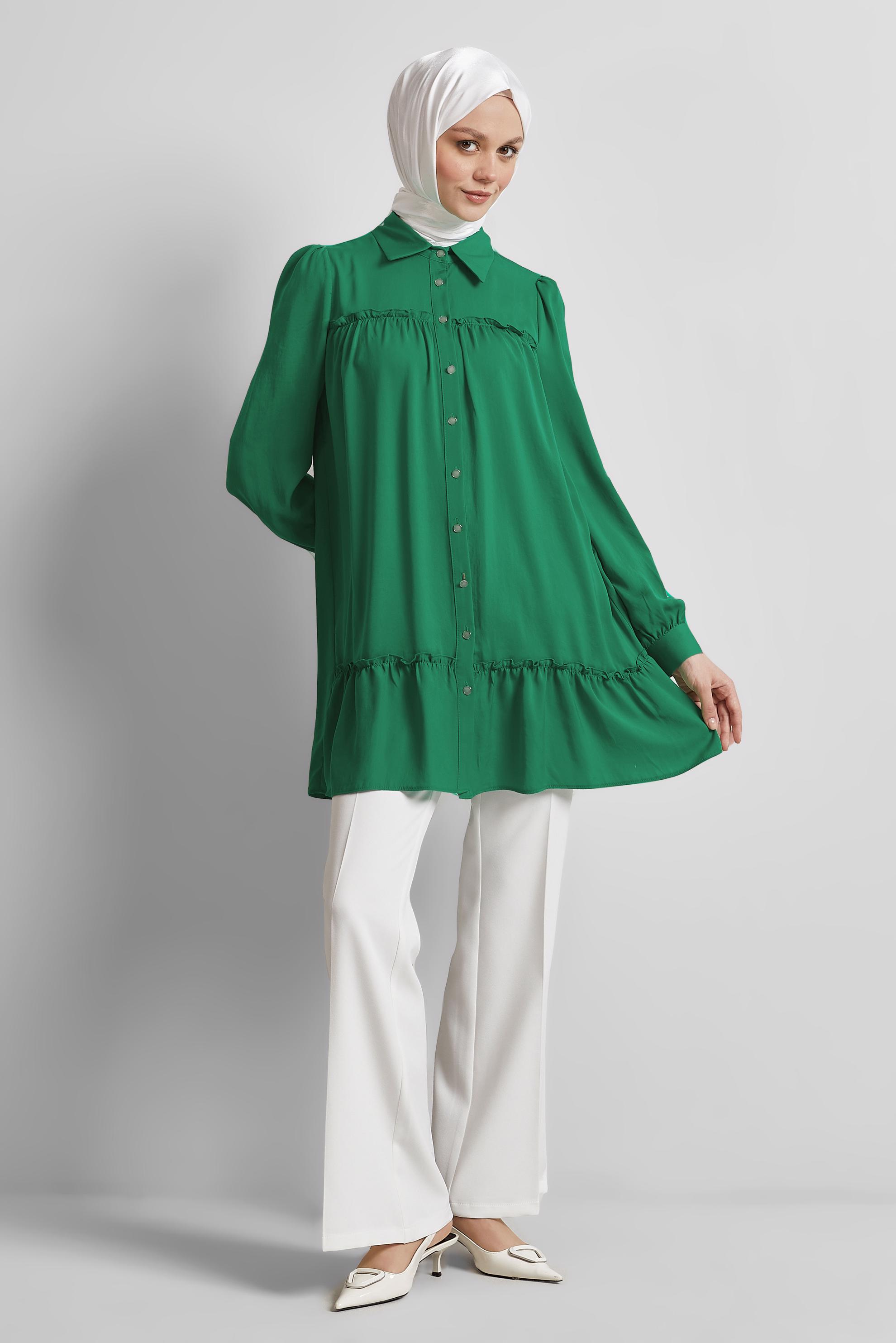 Tesettür giyim YEŞİL GÖMLEK YAKA TUNİK 45351