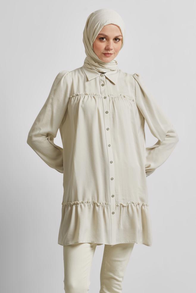 Tesettür giyim BEJ GÖMLEK YAKA TUNİK 45351 - ALVİNA