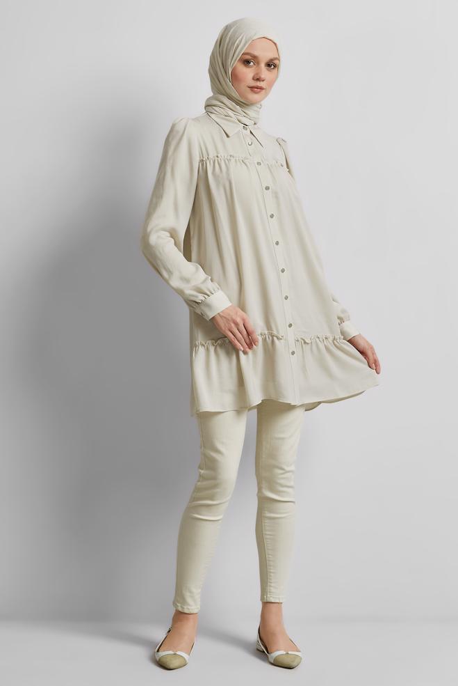 Tesettür giyim BEJ GÖMLEK YAKA TUNİK 45351 - ALVİNA