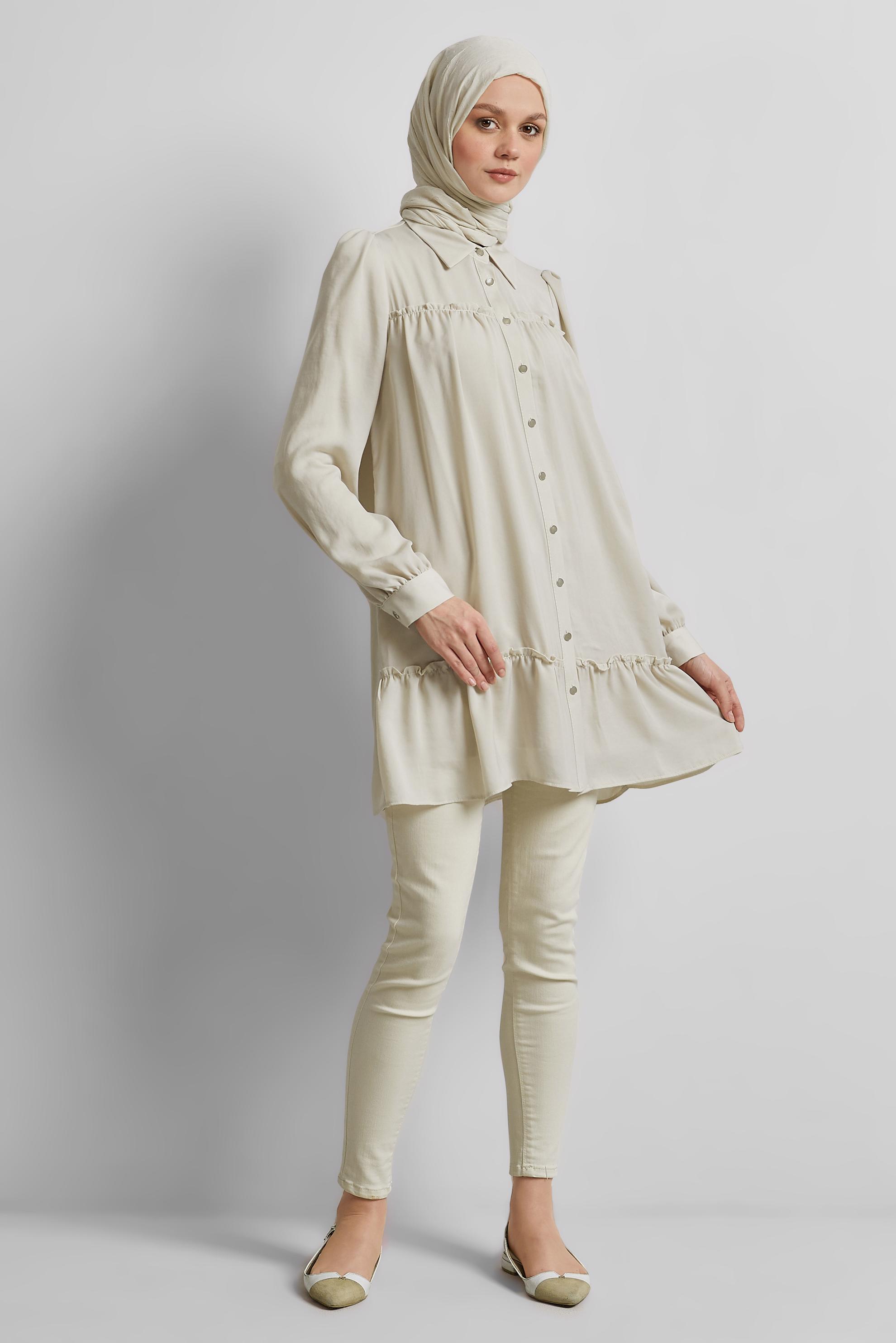 Tesettür giyim BEJ GÖMLEK YAKA TUNİK 45351