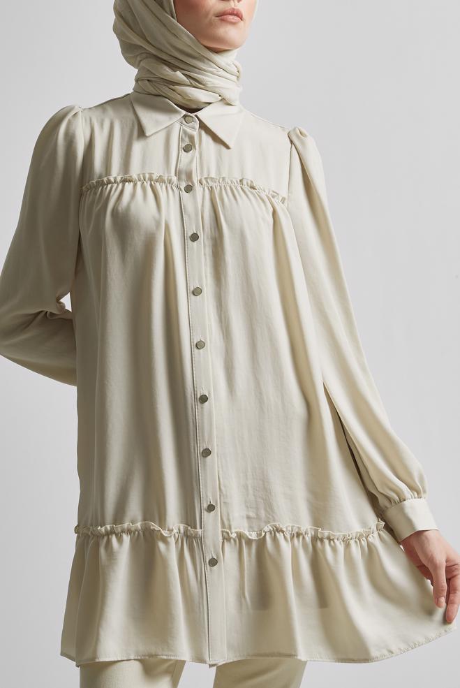 Tesettür giyim BEJ GÖMLEK YAKA TUNİK 45351 - ALVİNA