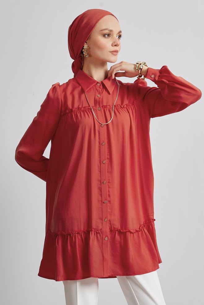 Tesettür giyim KIRMIZI GÖMLEK YAKA TUNİK 45351 - ALVİNA