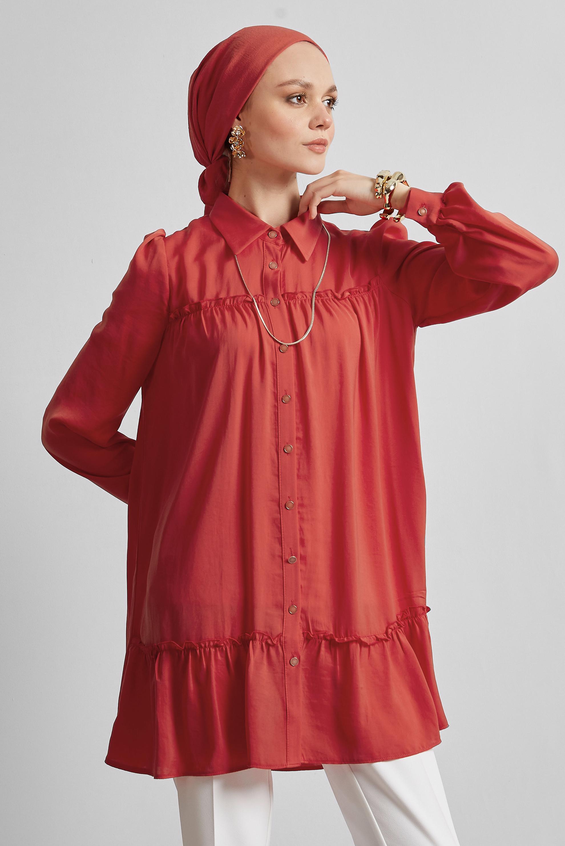 Tesettür giyim KIRMIZI GÖMLEK YAKA TUNİK 45351