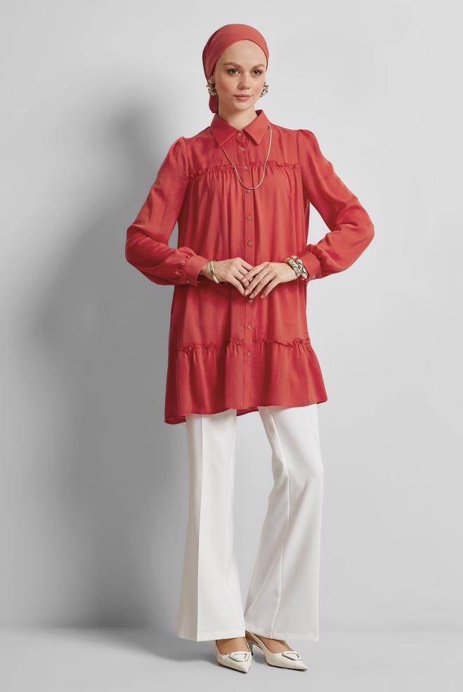 Tesettür giyim KIRMIZI GÖMLEK YAKA TUNİK 45351 - ALVİNA