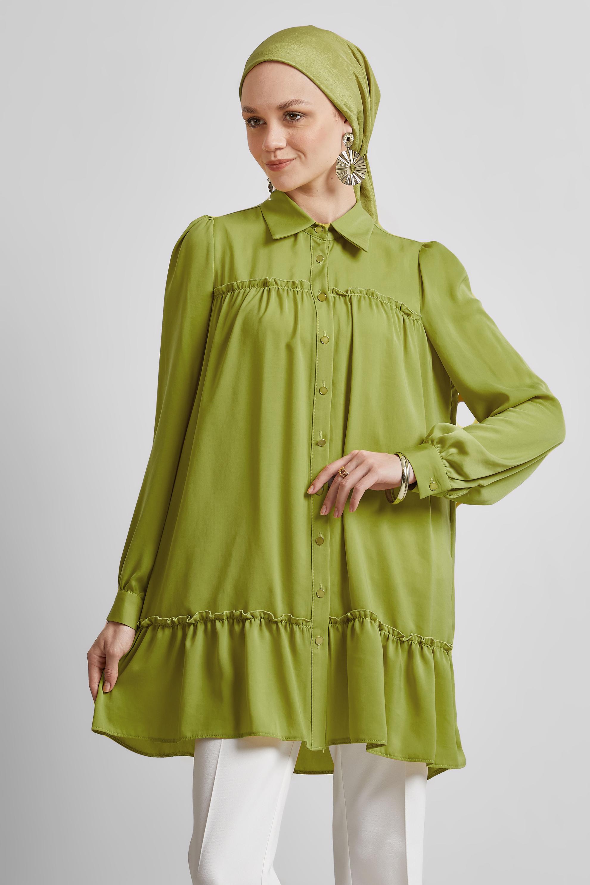 Tesettür giyim YEŞİL GÖMLEK YAKA TUNİK 45351