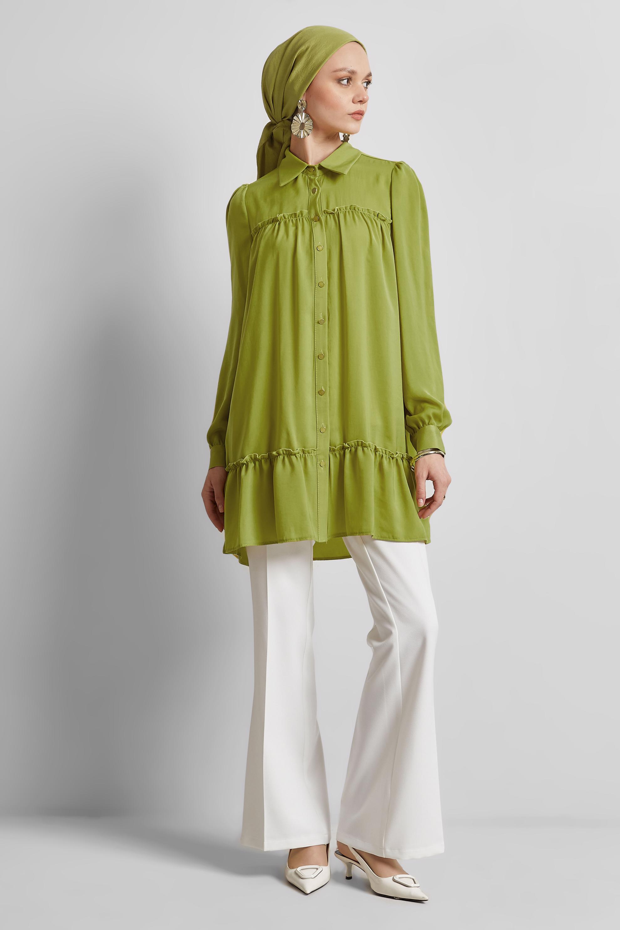 Tesettür giyim YEŞİL GÖMLEK YAKA TUNİK 45351