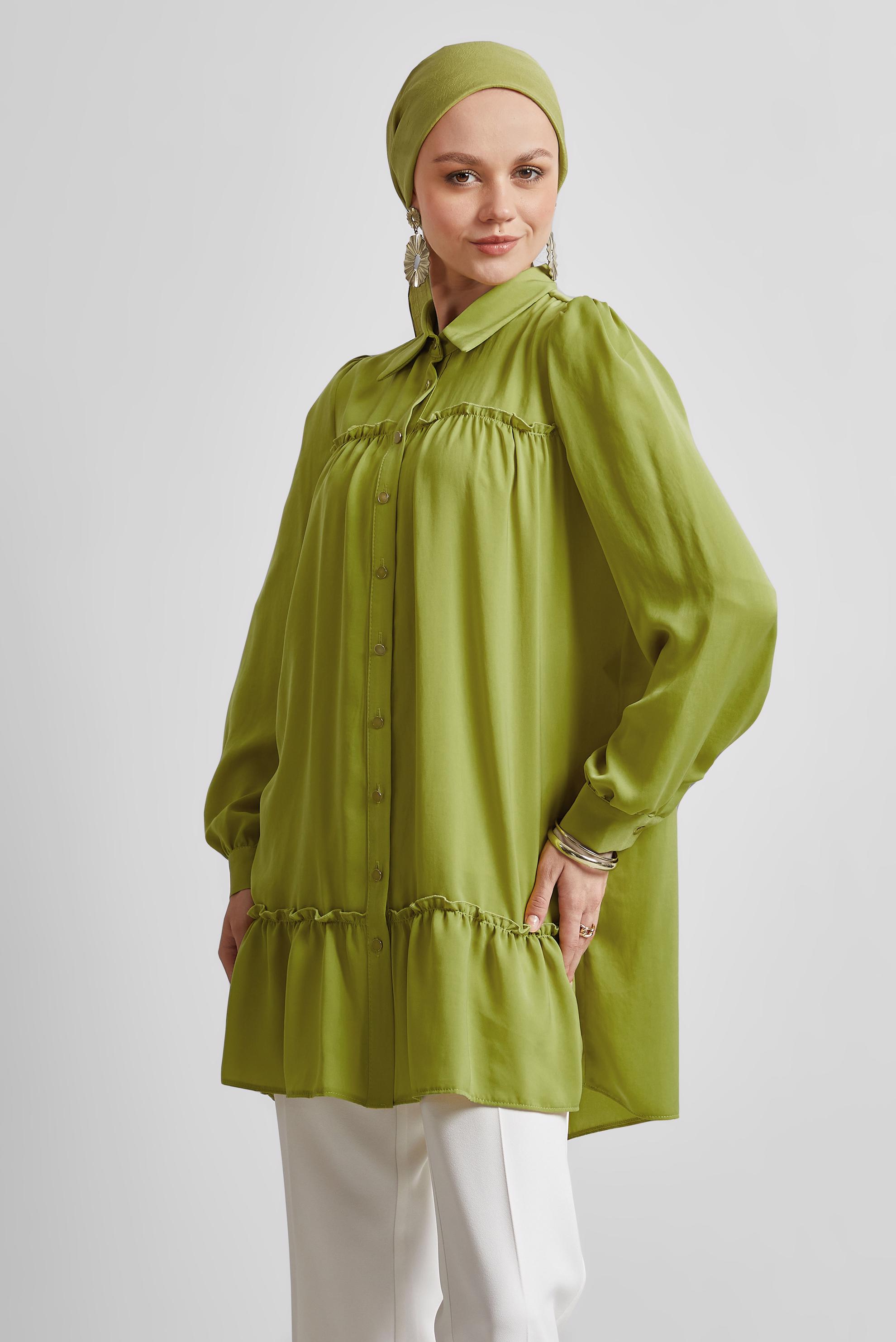 Tesettür giyim YEŞİL GÖMLEK YAKA TUNİK 45351