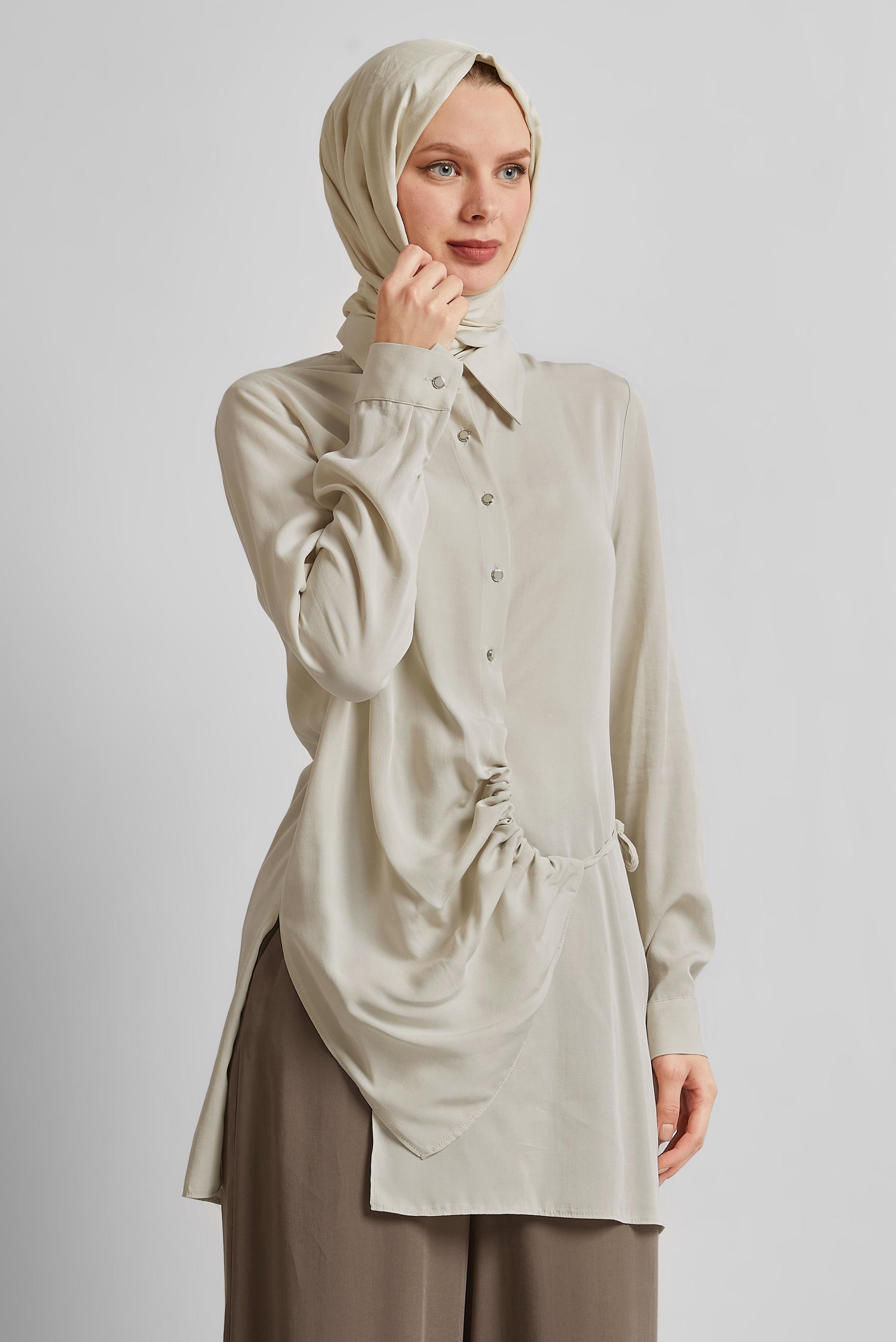 Tesettür giyim BEJ BAĞLAMA DETAYLI TUNİK 45352