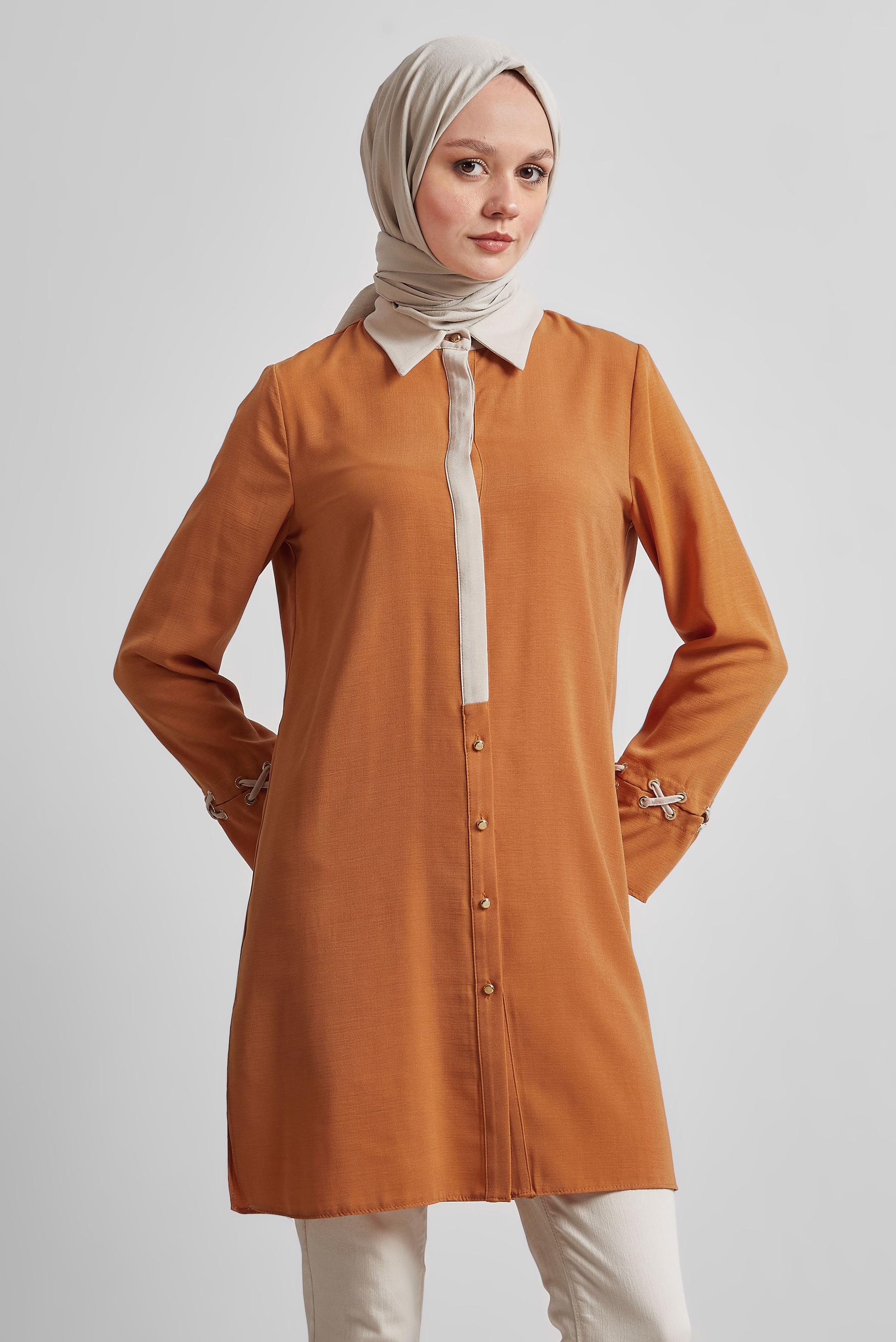 Tesettür giyim TURUNCU GÖMLEK YAKA TUNİK 45354
