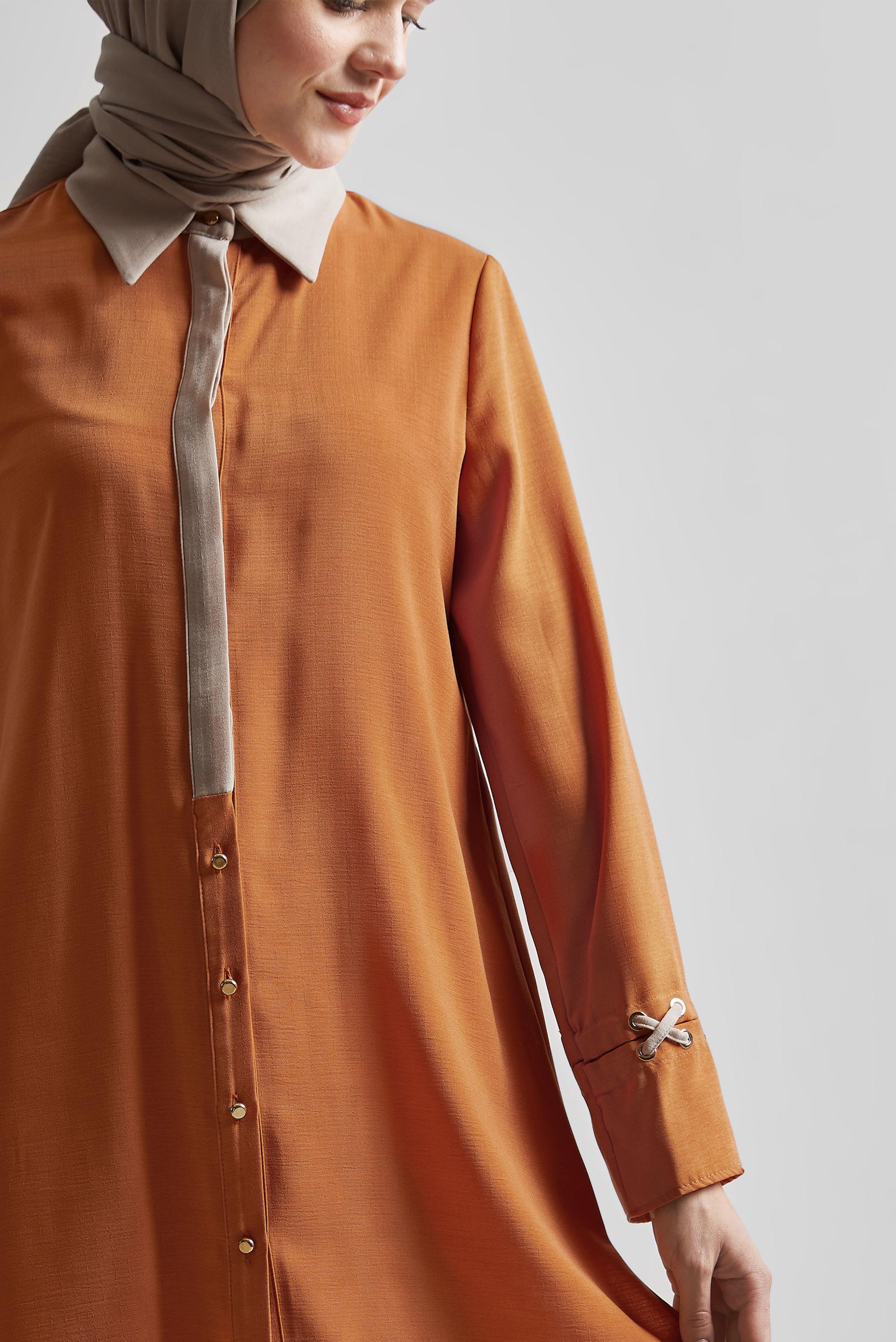 Tesettür giyim TURUNCU GÖMLEK YAKA TUNİK 45354