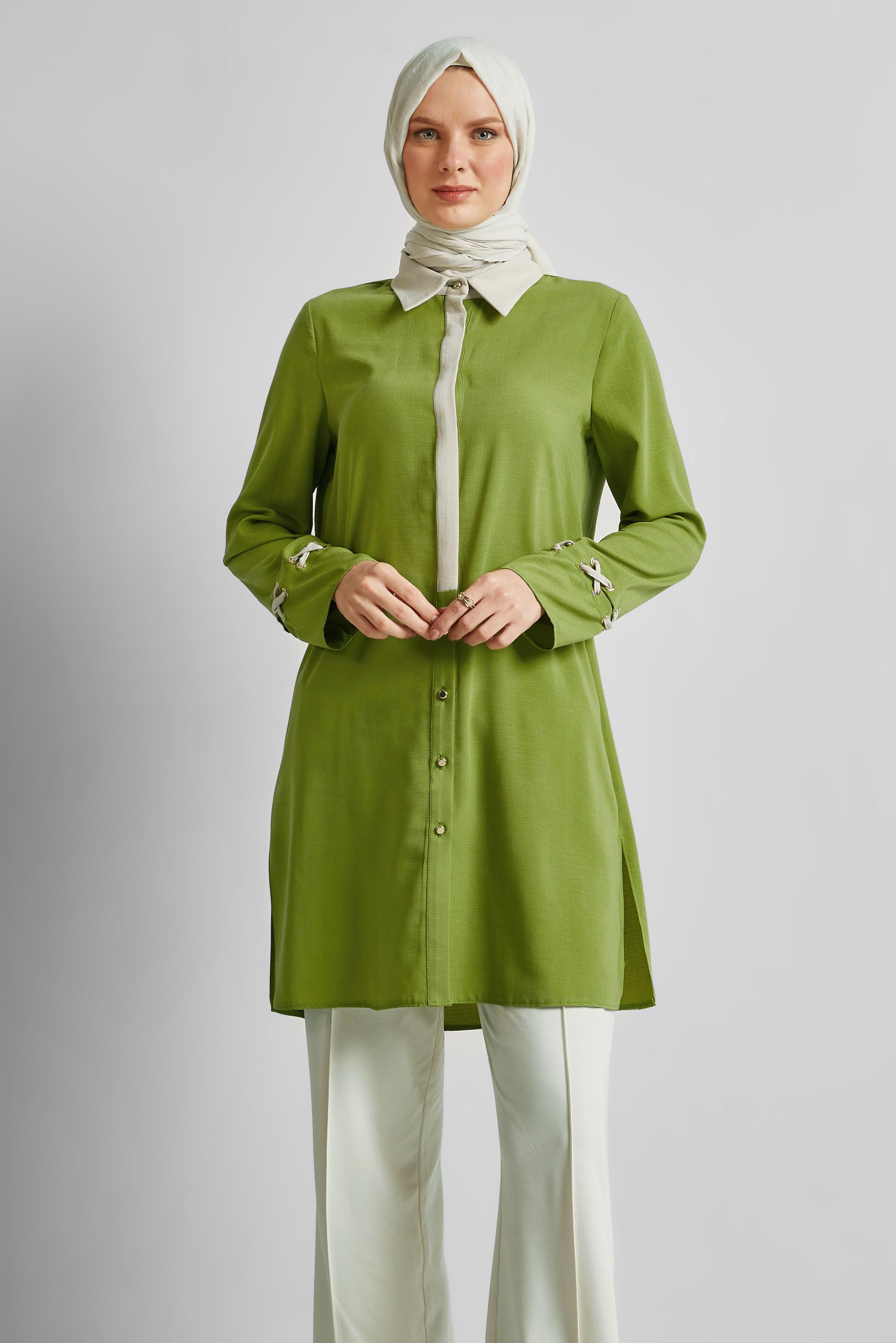 Tesettür giyim YEŞİL GÖMLEK YAKA TUNİK 45354