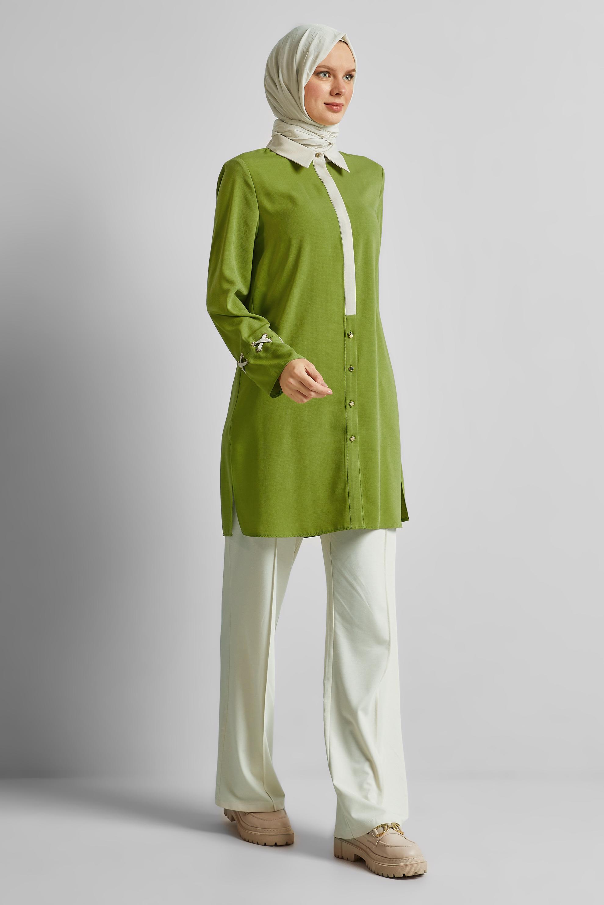 Tesettür giyim YEŞİL GÖMLEK YAKA TUNİK 45354