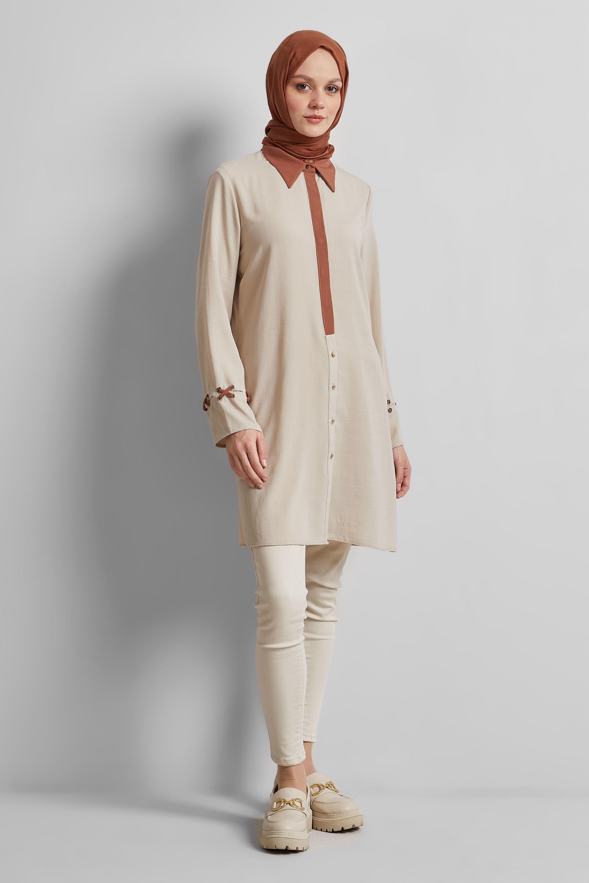 Tesettür giyim BEJ GÖMLEK YAKA TUNİK 45354