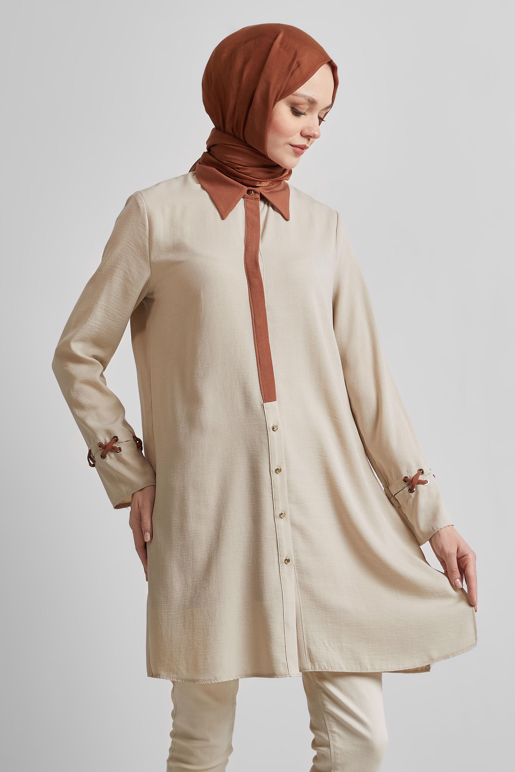 Tesettür giyim BEJ GÖMLEK YAKA TUNİK 45354