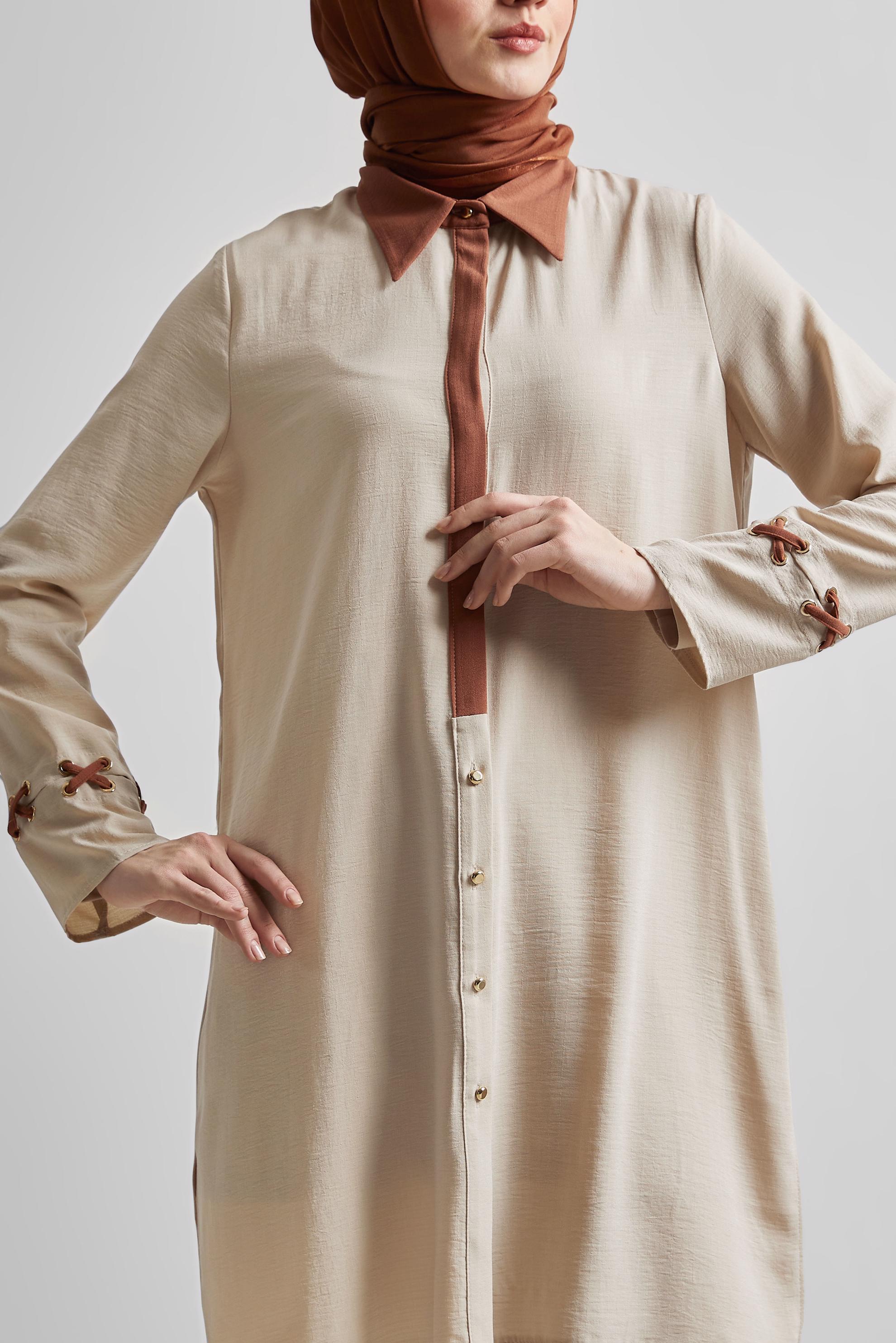 Tesettür giyim BEJ GÖMLEK YAKA TUNİK 45354