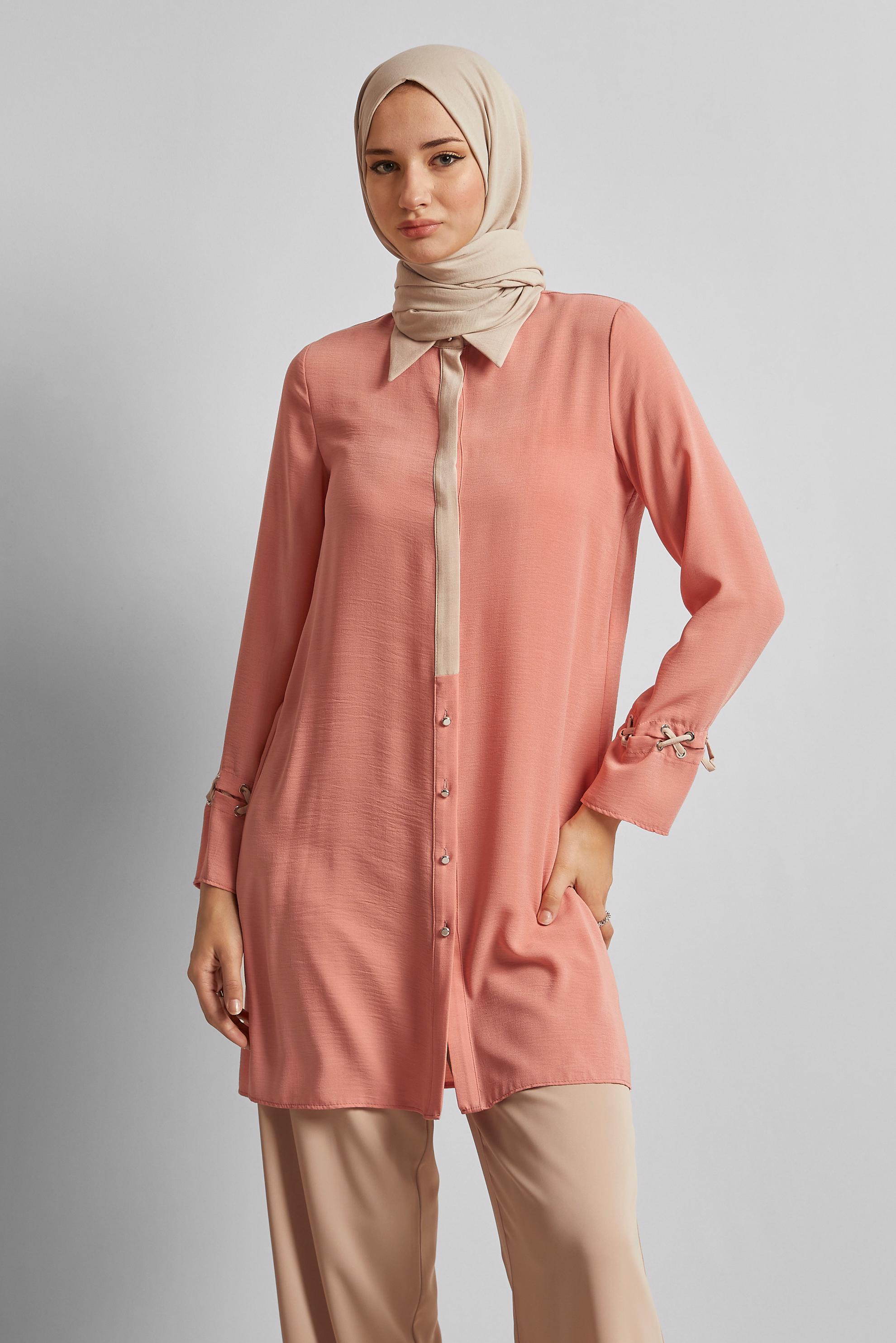 Tesettür giyim PUDRA GÖMLEK YAKA TUNİK 45354