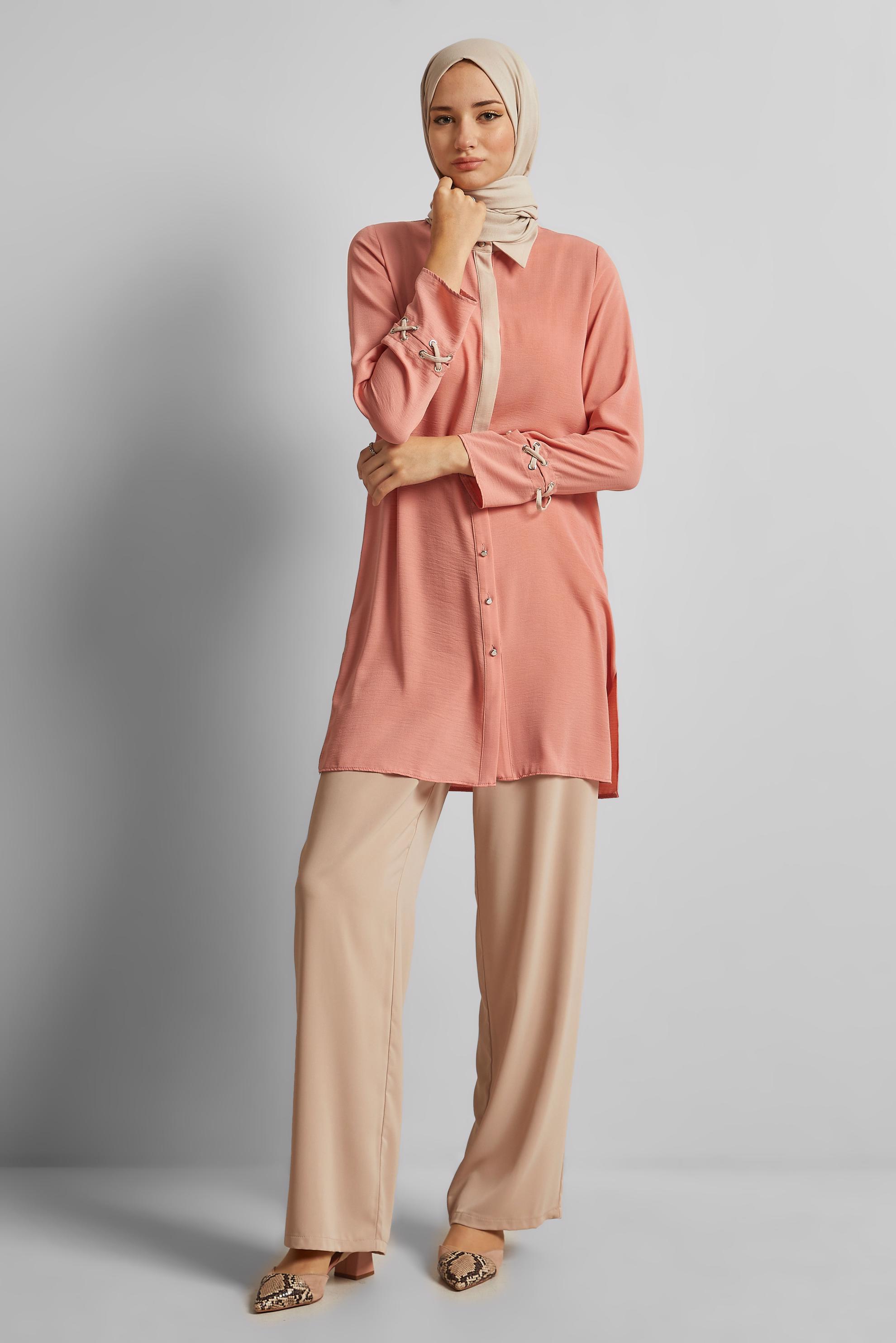 Tesettür giyim PUDRA GÖMLEK YAKA TUNİK 45354