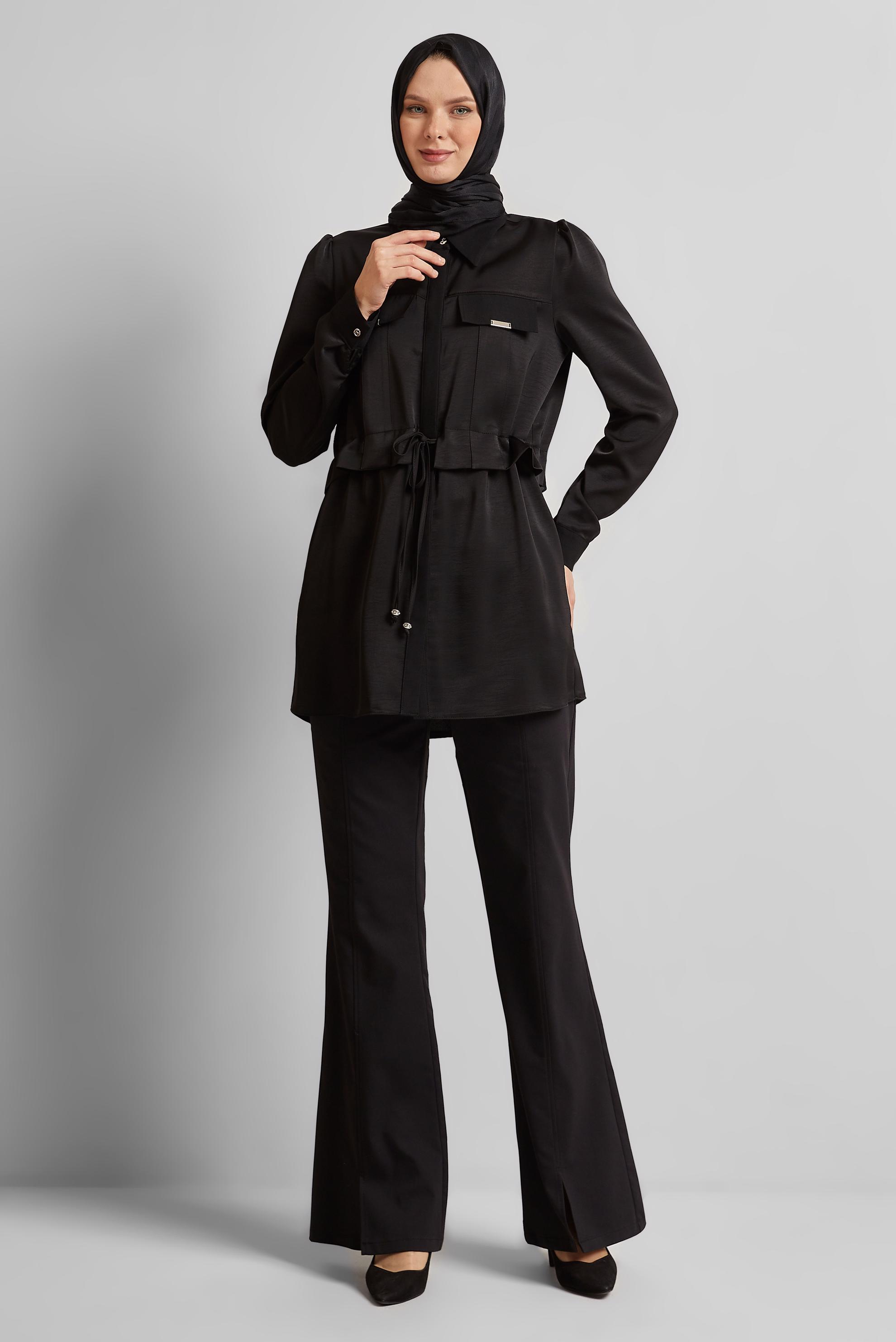 Tesettür giyim SİYAH BELİ BAĞCIKLI TUNİK 45361