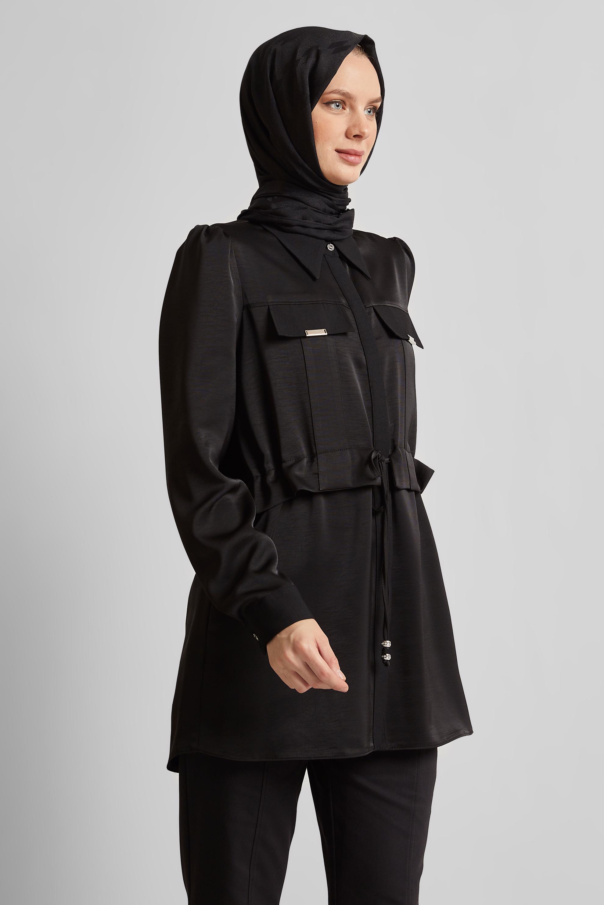 Tesettür giyim SİYAH BELİ BAĞCIKLI TUNİK 45361