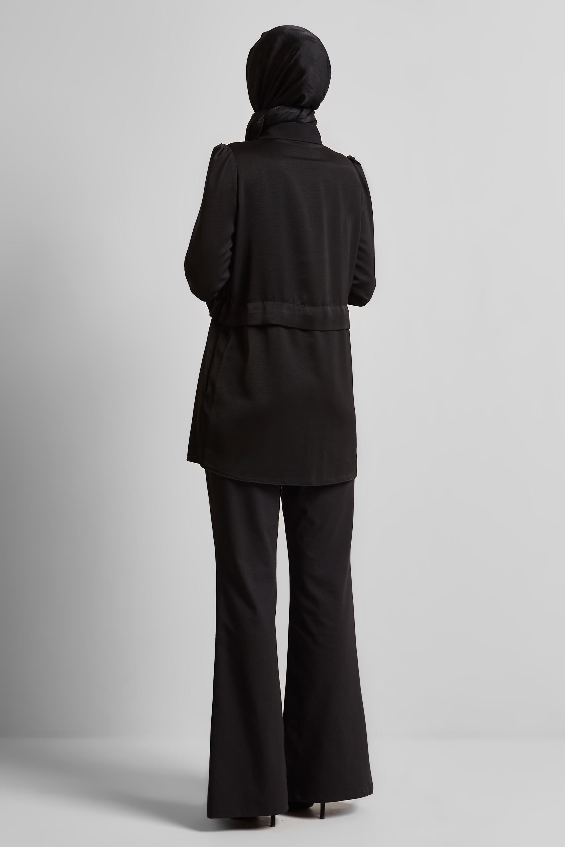 Tesettür giyim SİYAH BELİ BAĞCIKLI TUNİK 45361