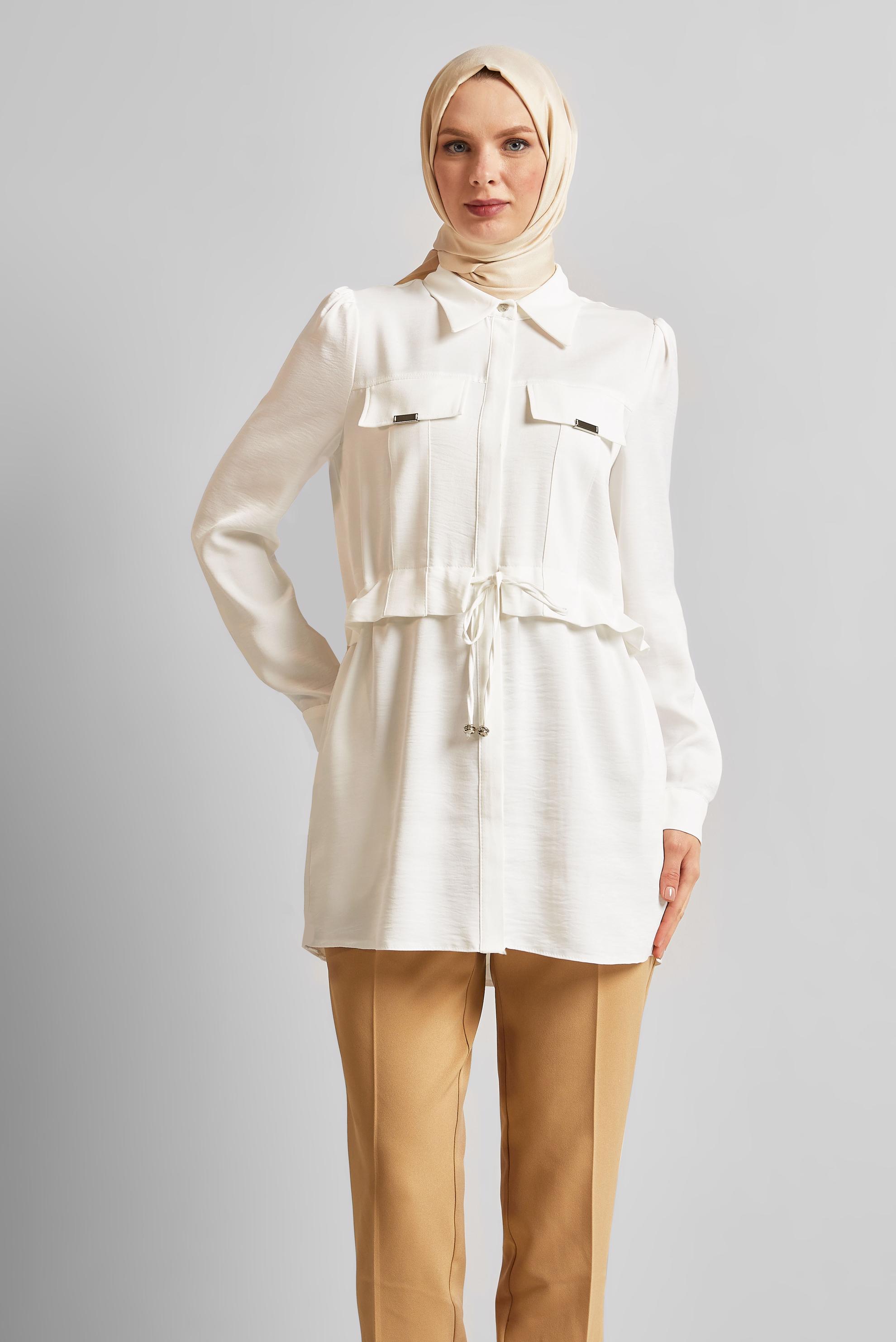 Tesettür giyim BEYAZ BELİ BAĞCIKLI TUNİK 45361