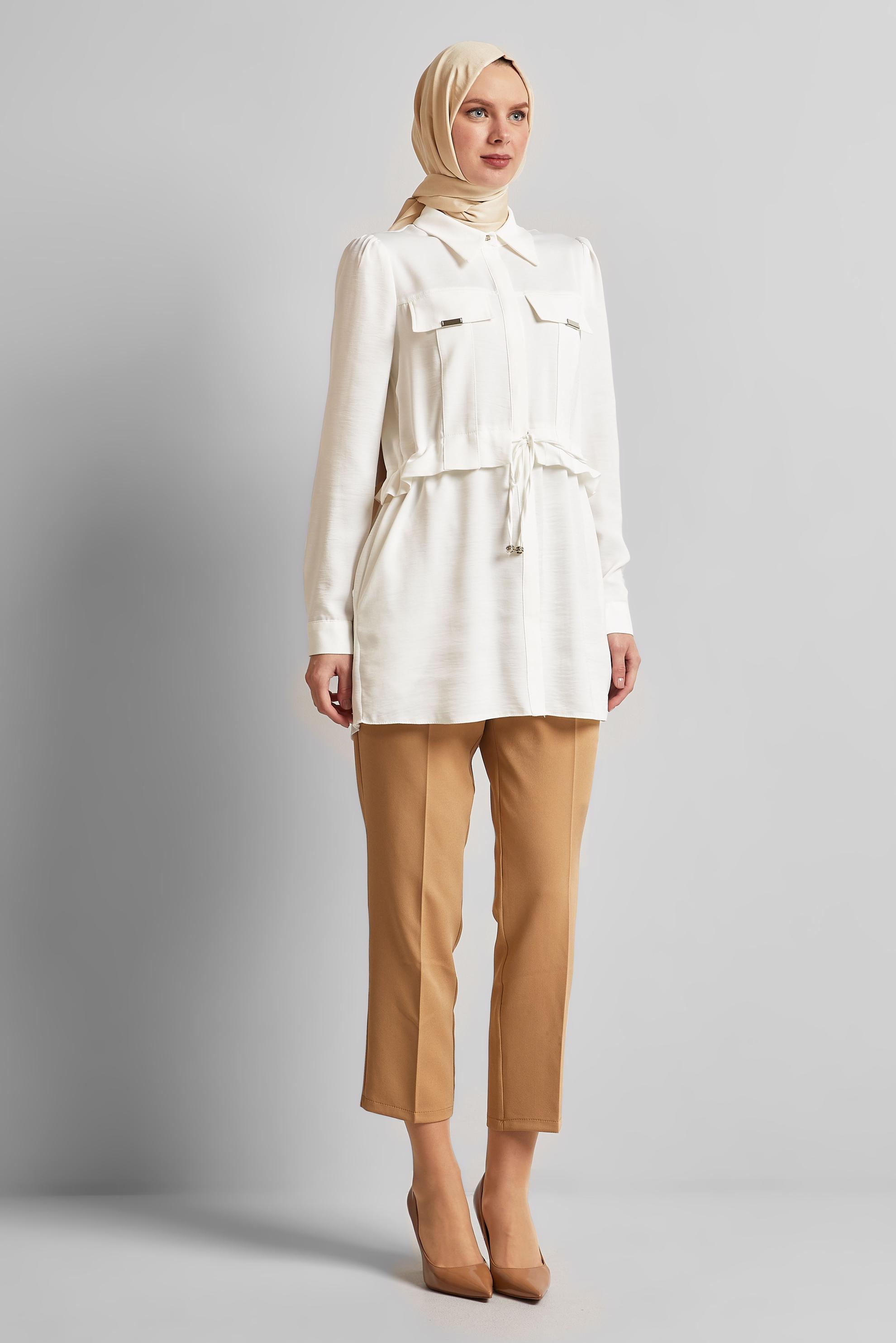 Tesettür giyim BEYAZ BELİ BAĞCIKLI TUNİK 45361