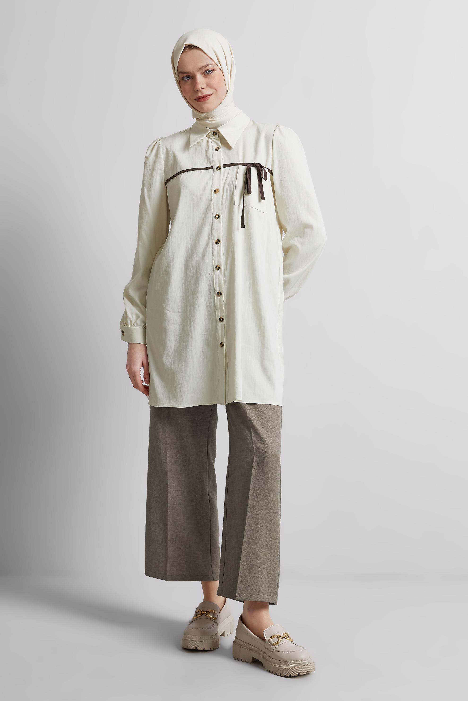 Tesettür giyim EKRU BAĞLAMA DETAYLI TUNİK 45362