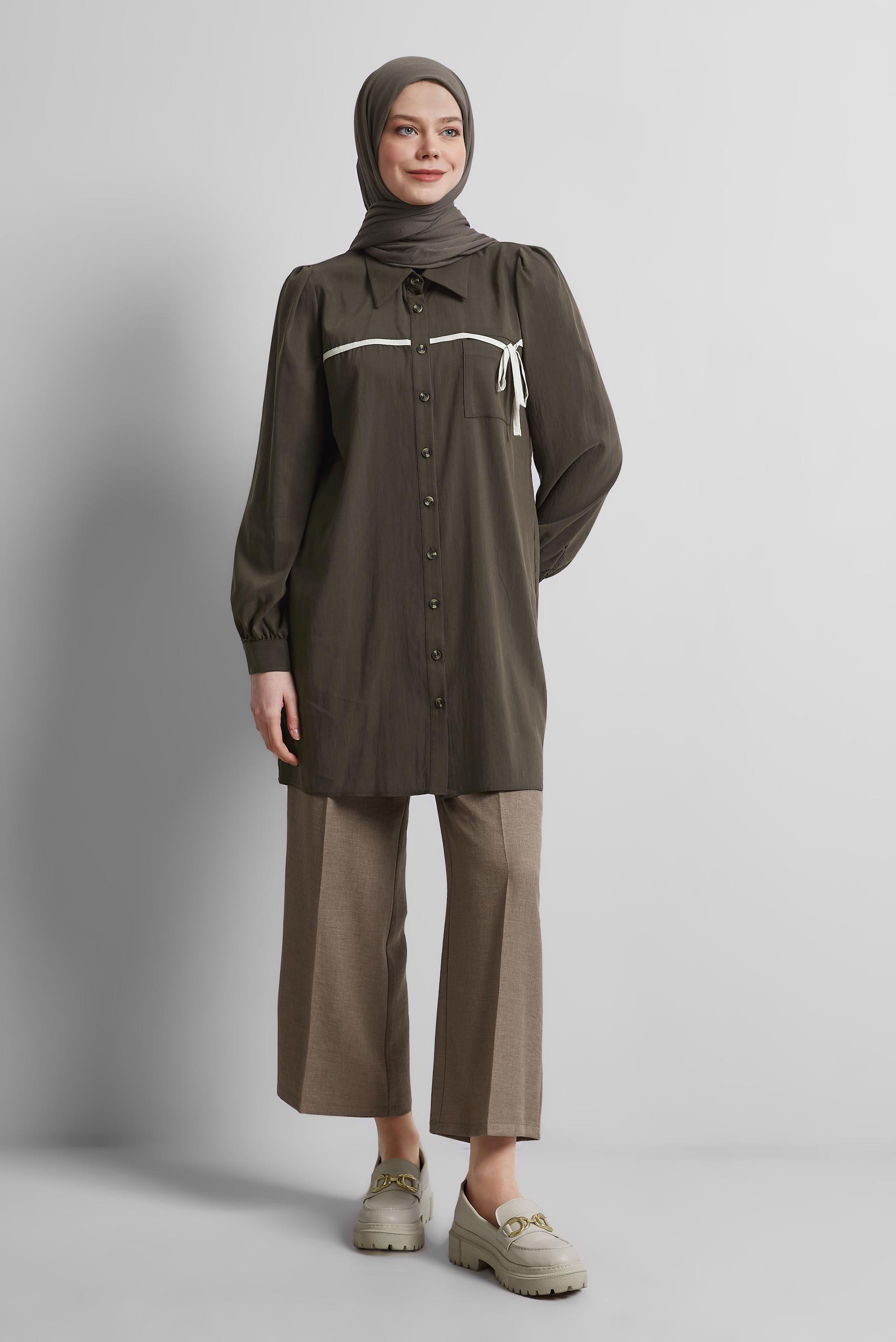 Tesettür giyim KAHVE BAĞLAMA DETAYLI TUNİK 45362