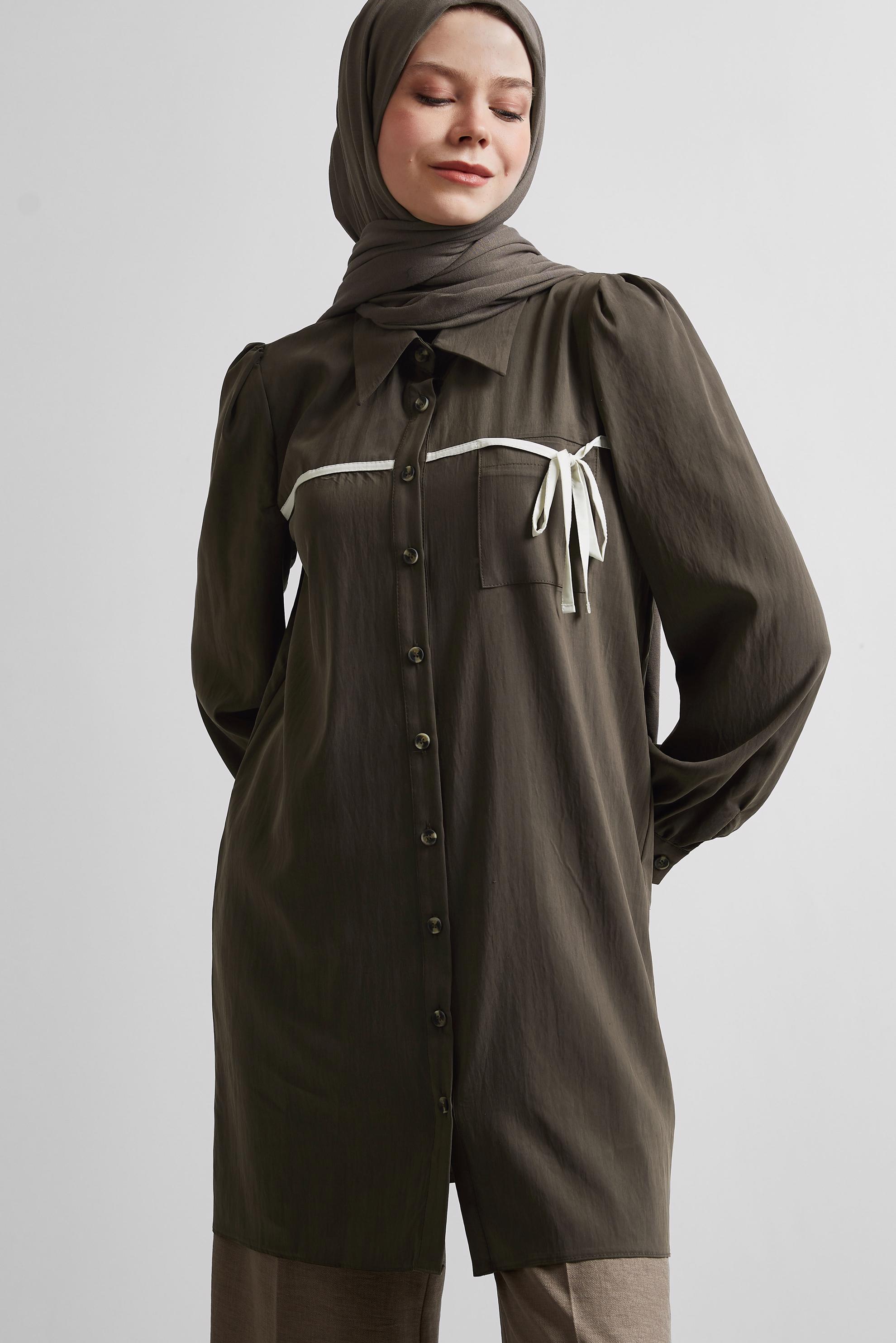 Tesettür giyim KAHVE BAĞLAMA DETAYLI TUNİK 45362