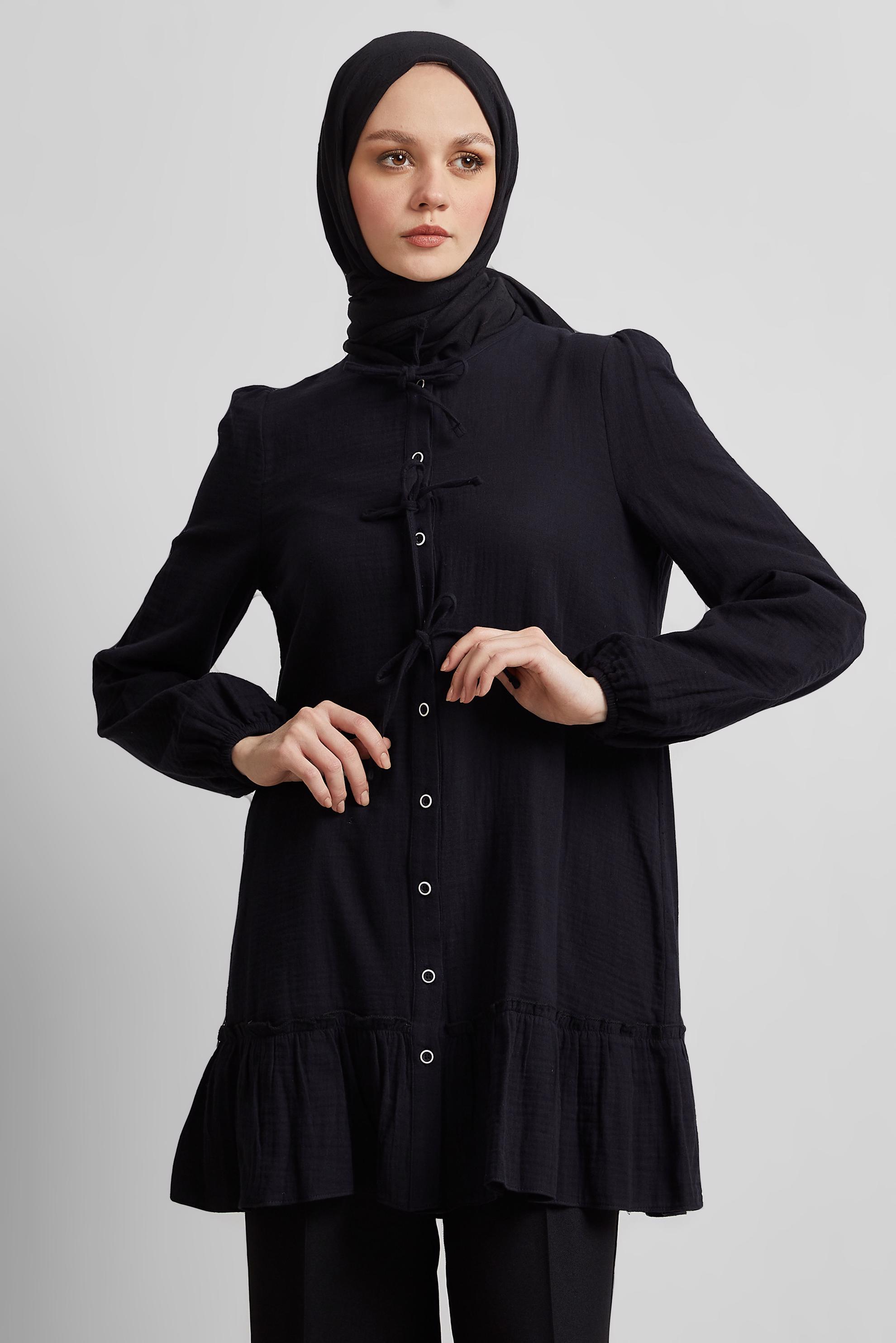Tesettür giyim SİYAH PAMUKLU BAĞLAMA DETAYLI TUNİK 45369