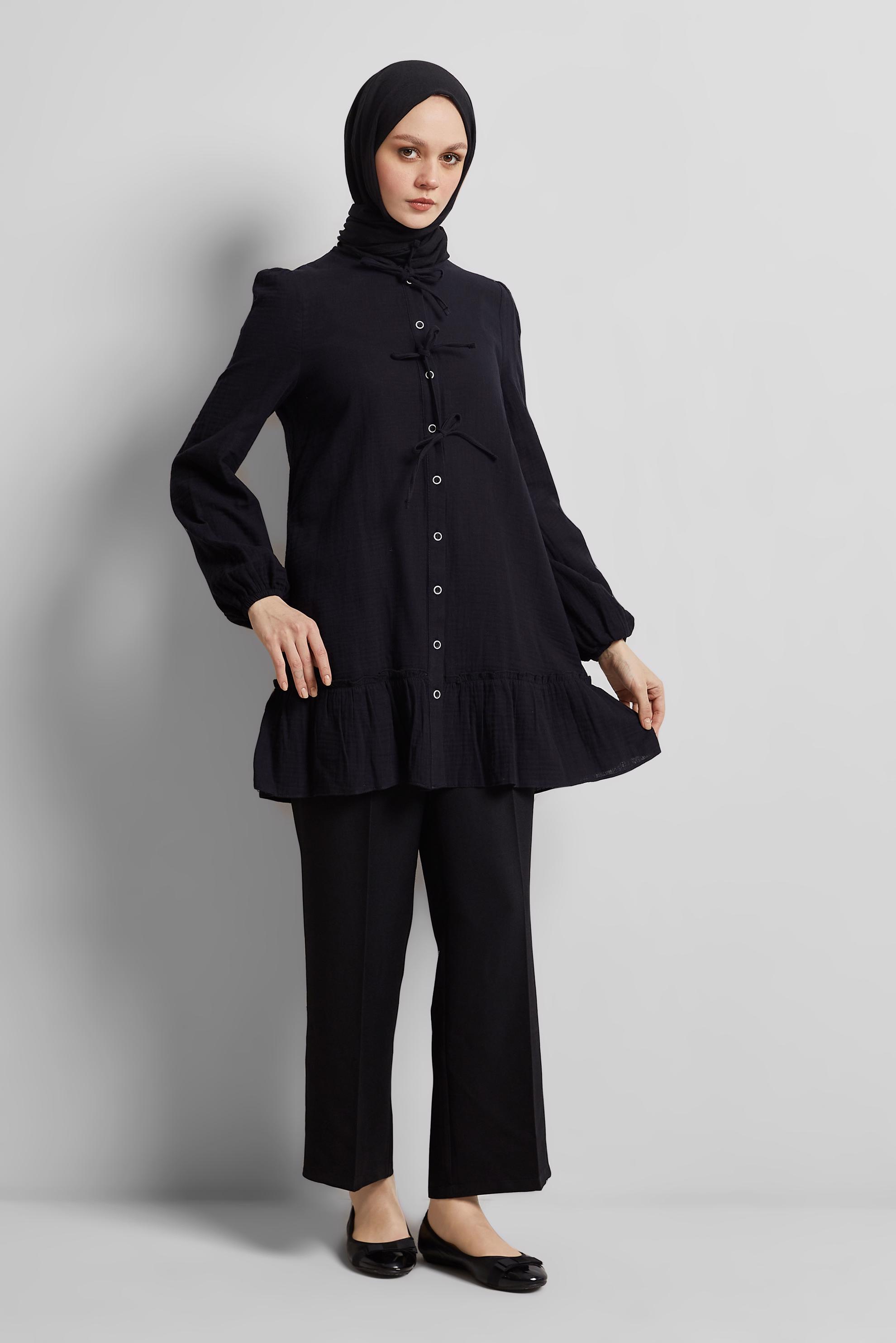 Tesettür giyim SİYAH PAMUKLU BAĞLAMA DETAYLI TUNİK 45369