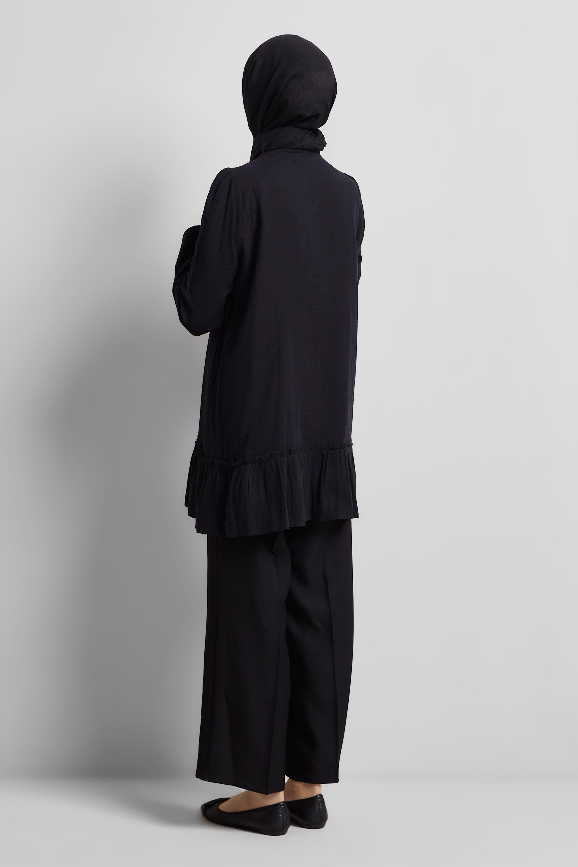 Tesettür giyim SİYAH PAMUKLU BAĞLAMA DETAYLI TUNİK 45369