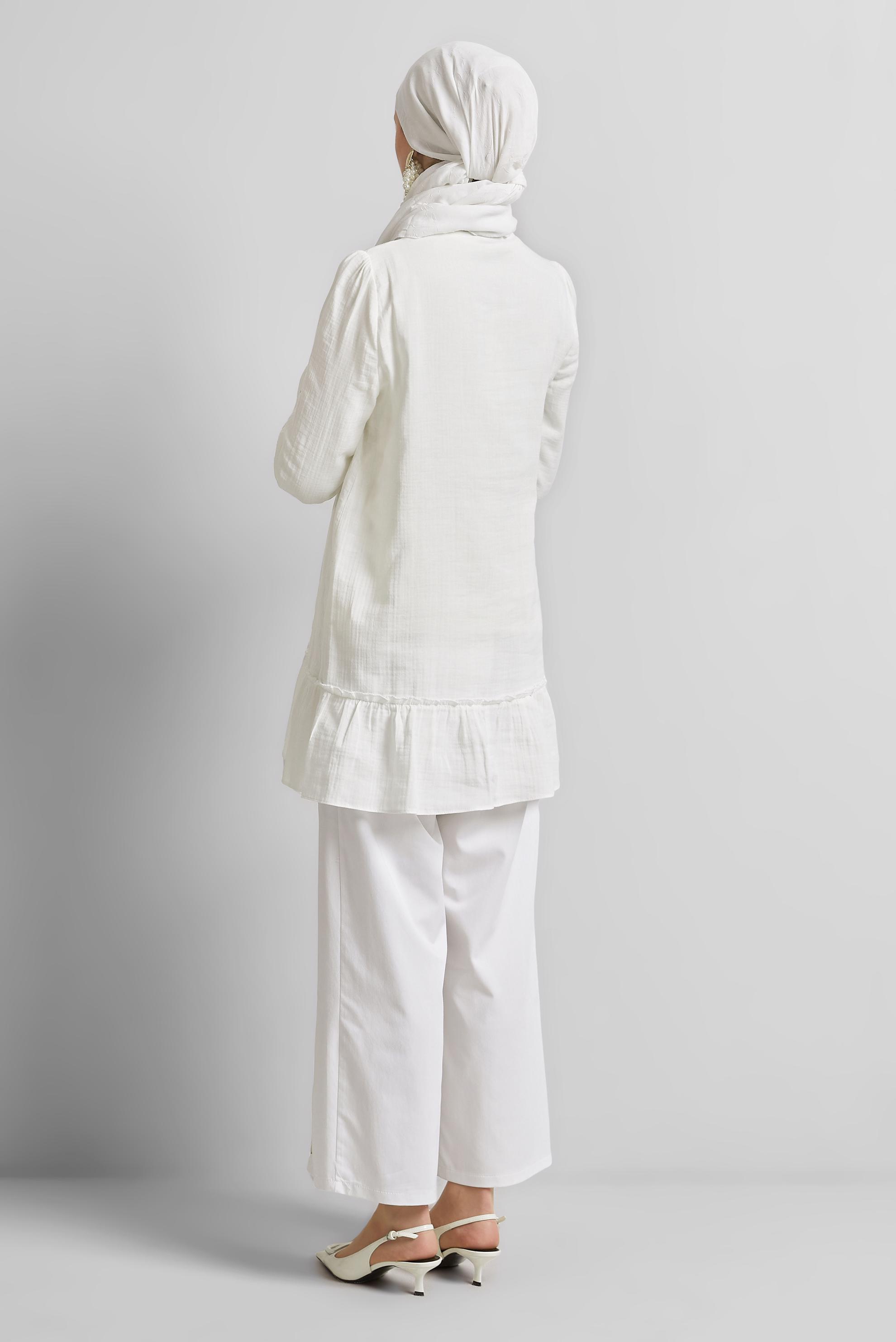 Tesettür giyim BEYAZ PAMUKLU BAĞLAMA DETAYLI TUNİK 45369