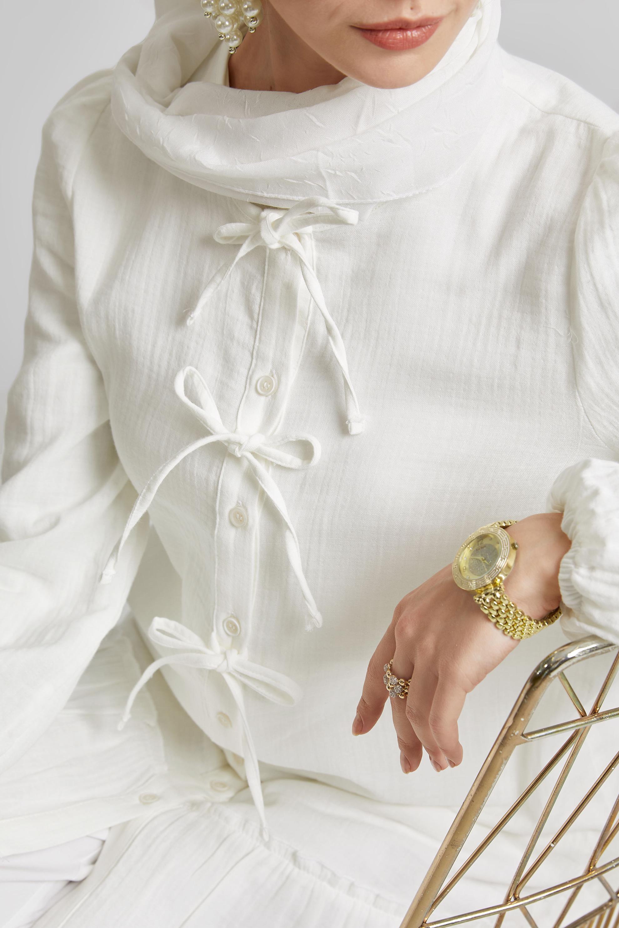 Tesettür giyim BEYAZ PAMUKLU BAĞLAMA DETAYLI TUNİK 45369