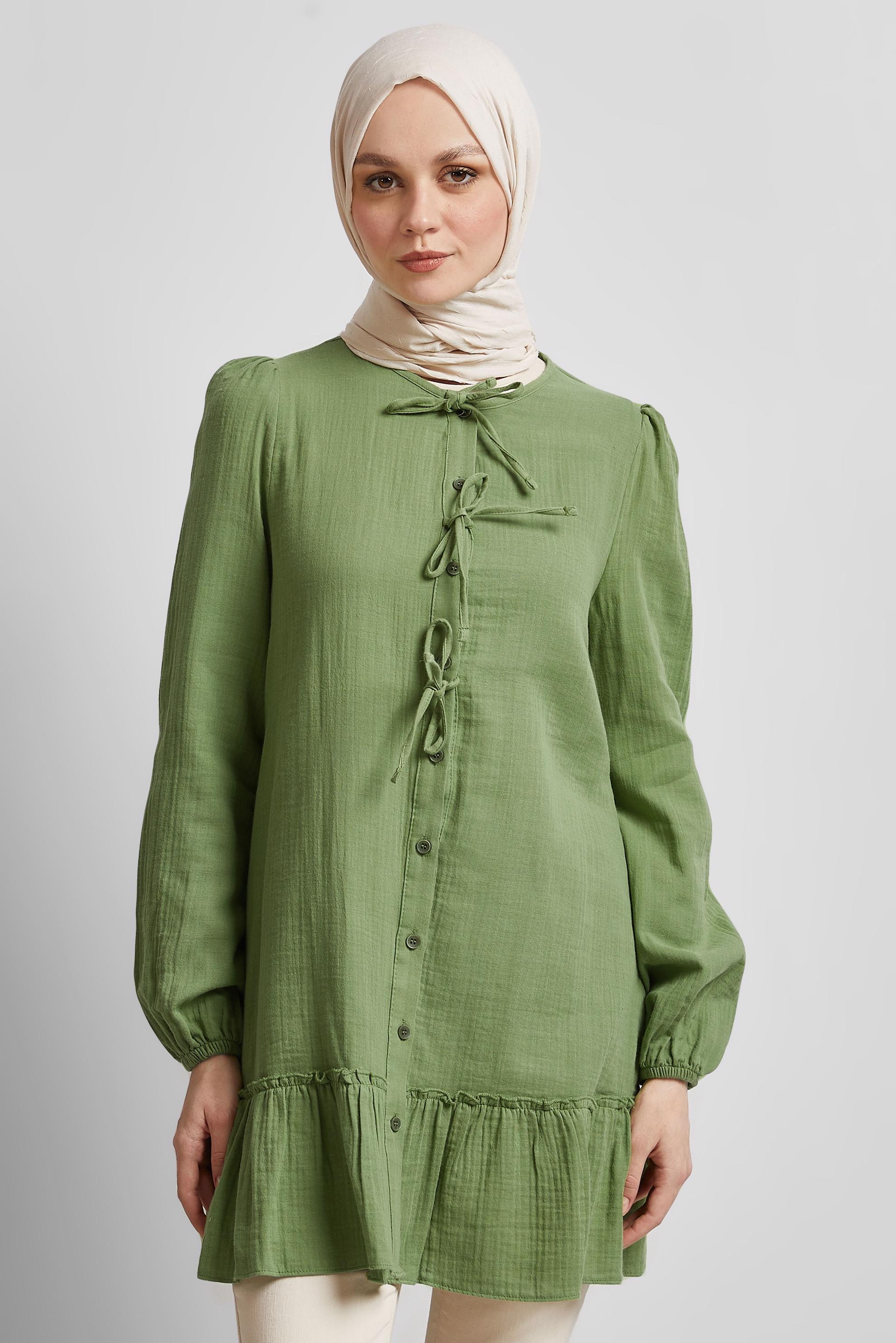 Vêtements hijab VERT TUNIQUE NOUÉE EN COTON 45369