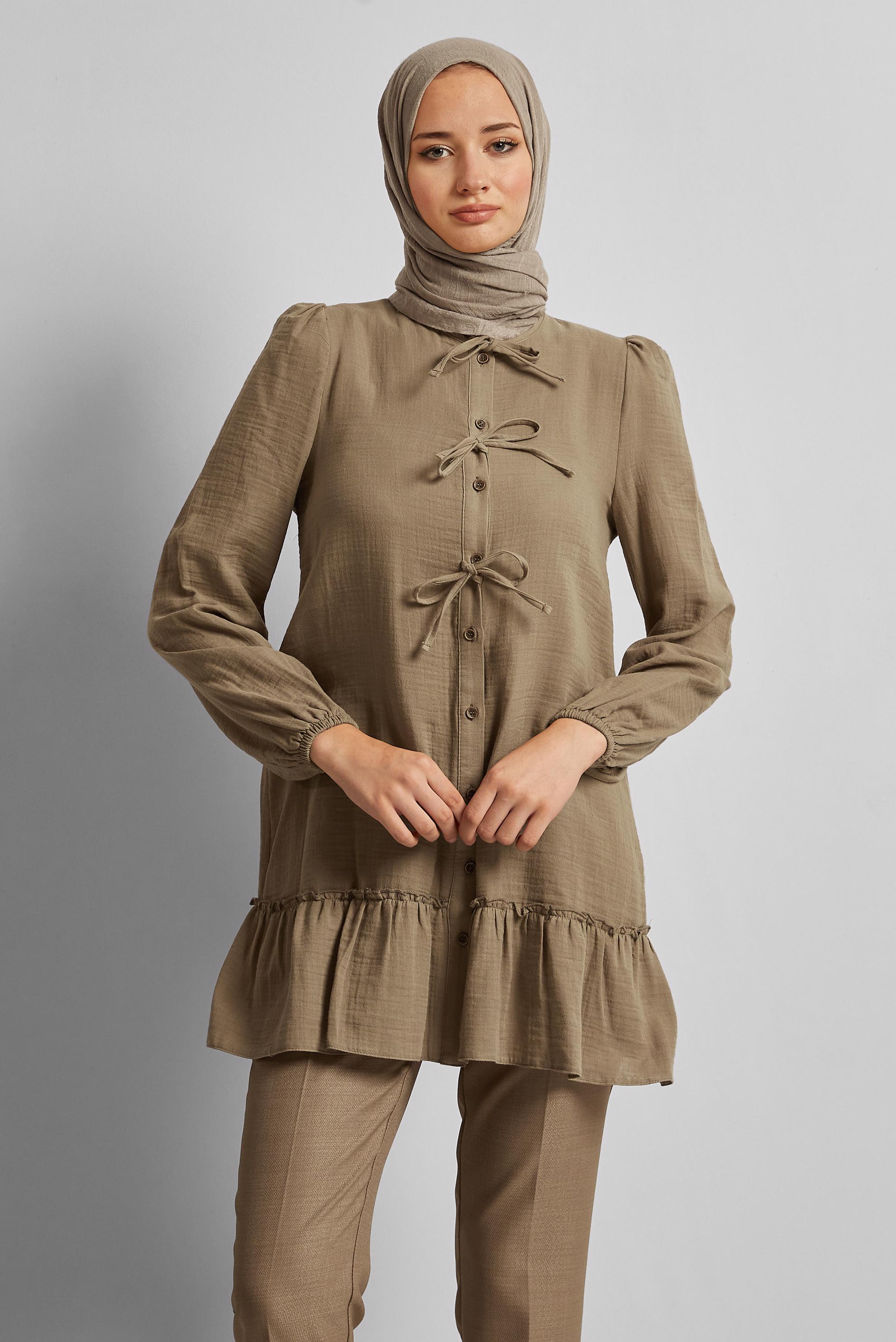 Tesettür giyim VİZON PAMUKLU BAĞLAMA DETAYLI TUNİK 45369