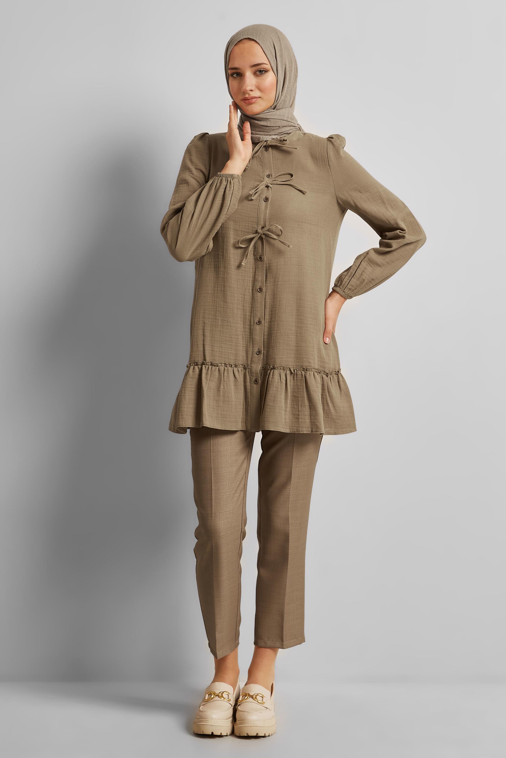 Tesettür giyim VİZON PAMUKLU BAĞLAMA DETAYLI TUNİK 45369