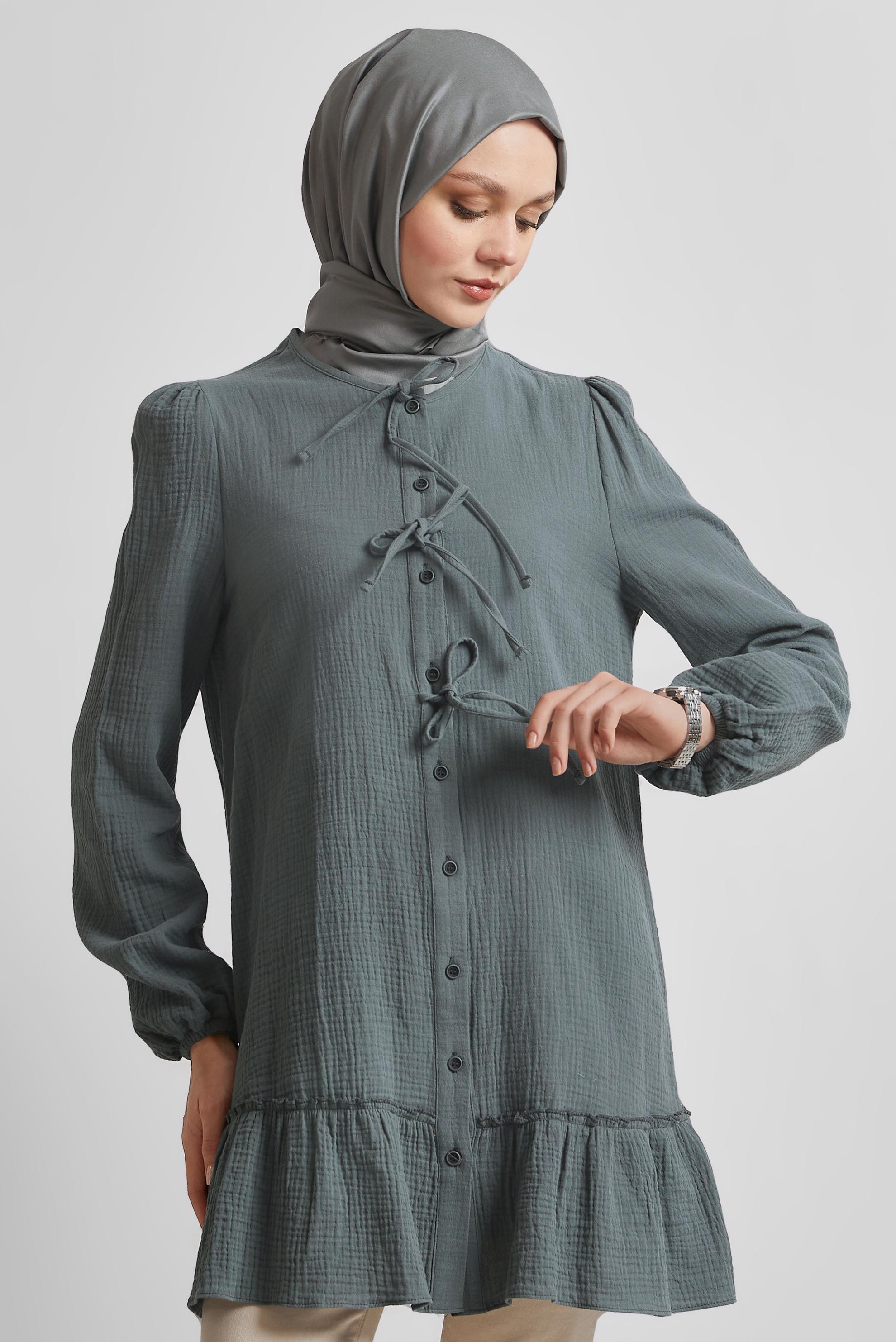 Tesettür giyim GRİ PAMUKLU BAĞLAMA DETAYLI TUNİK 45369