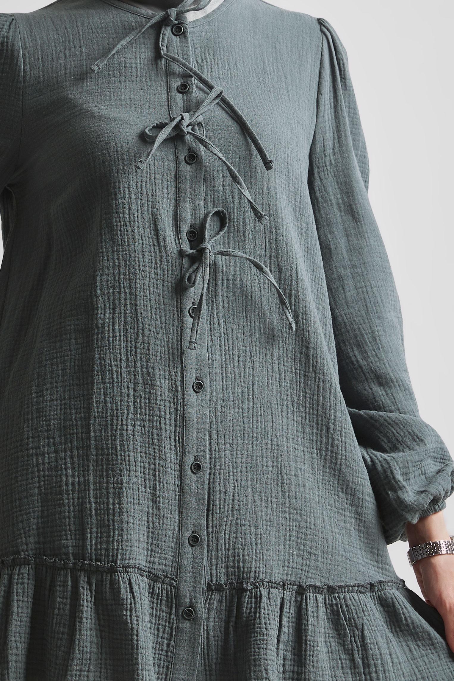 Tesettür giyim GRİ PAMUKLU BAĞLAMA DETAYLI TUNİK 45369